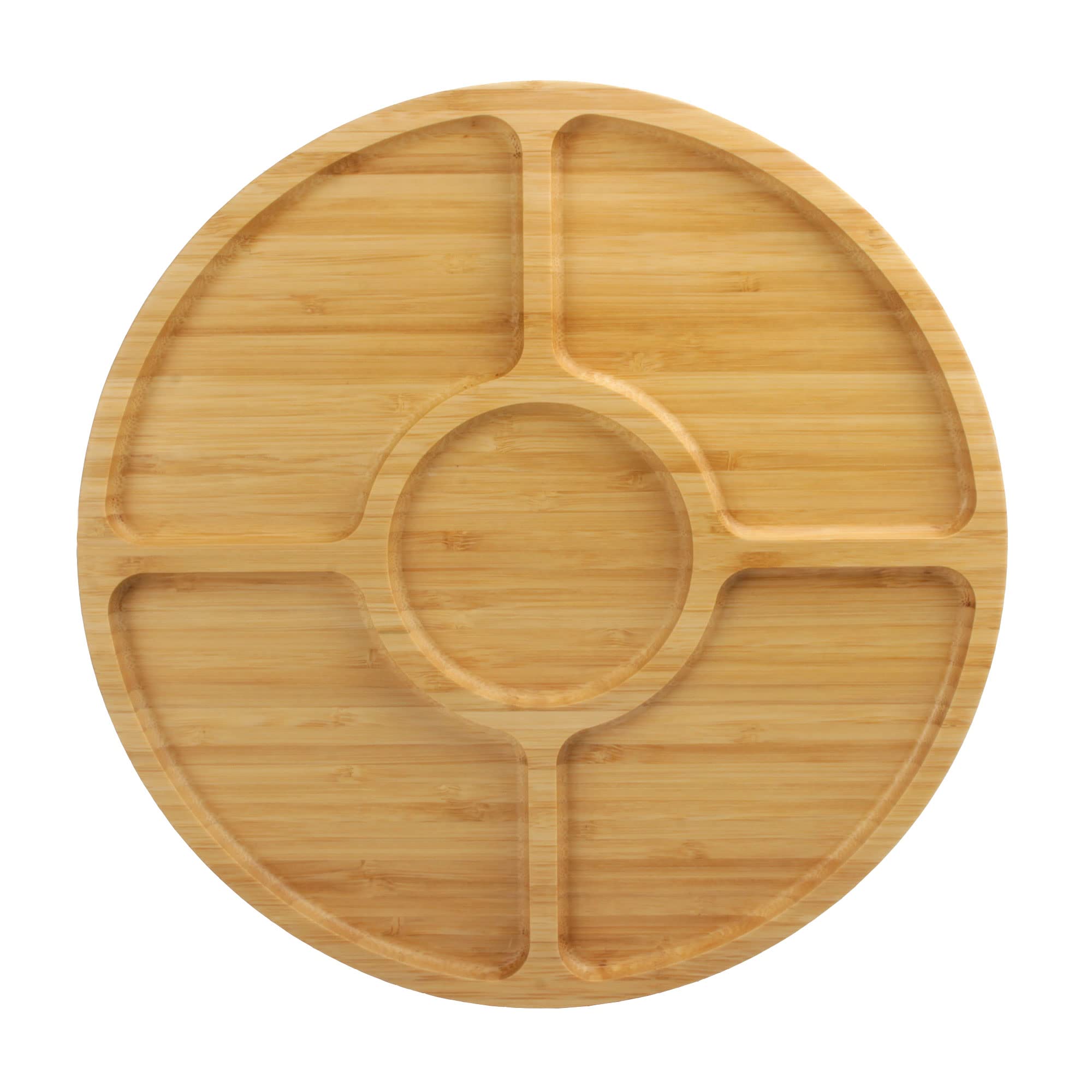 BambooMN Natural 12-Inch Round 5-Compartment Bamboo Serving Tray | Charcuterie Board for Cheese, Fruits & Appetizers | Perfect for Parties, Snacks & Entertaining | Eco-Friendly Kitchen & Dining Serveware (Set of 10)