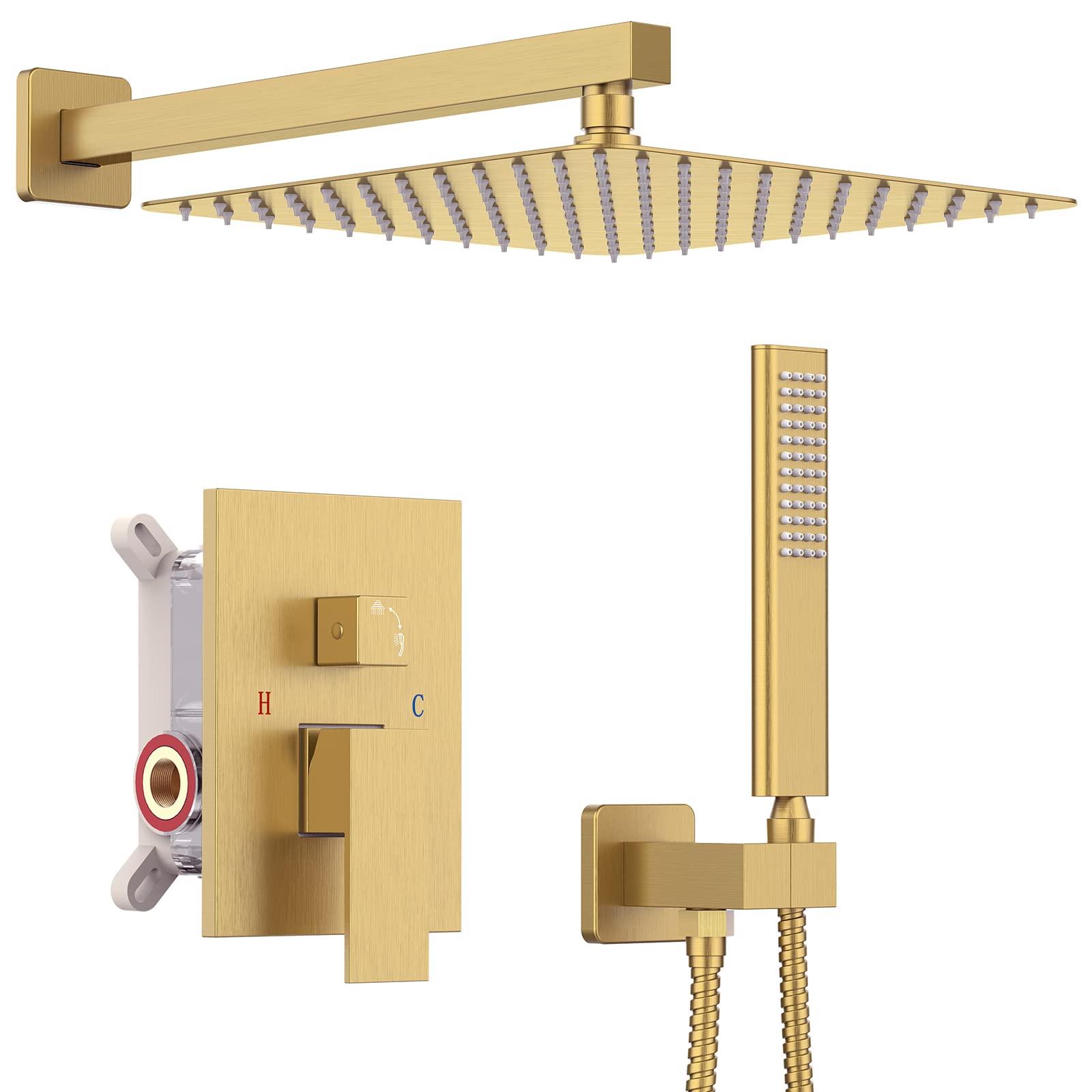 Brushed Gold Rain Shower System - 10 Inch Rainfall Shower Head with Handheld Sprayer, Wall Mounted Bathroom Shower Set Including Faucet Mixer and Trim Kit (Valve Included) - Perfect for Luxury Spa-Like Bathroom Experience