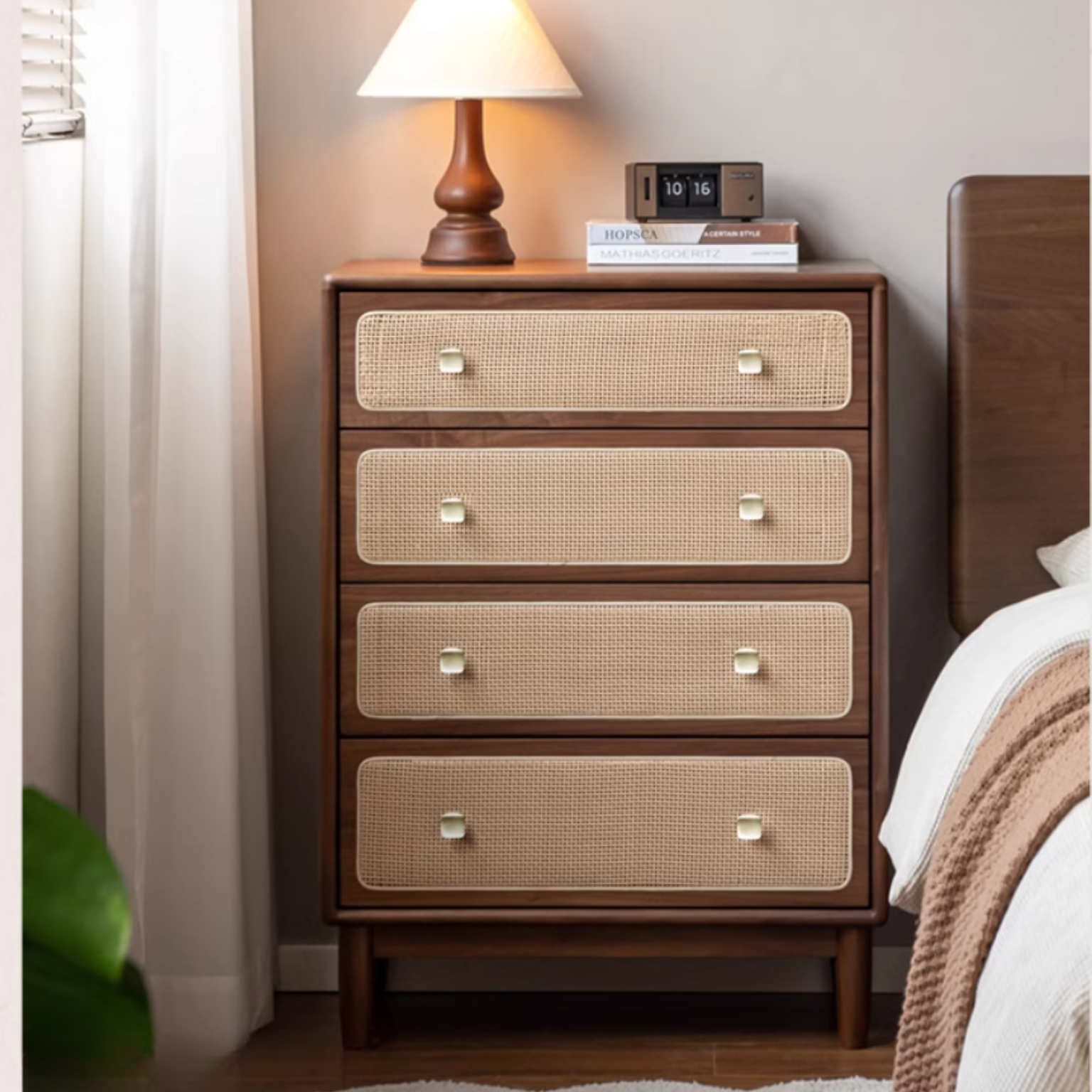 Solid Oak & Black Walnut Wood Cabinet with Rattan Doors - Modern Storage Organizer for Living Room, Bedroom, or Entryway