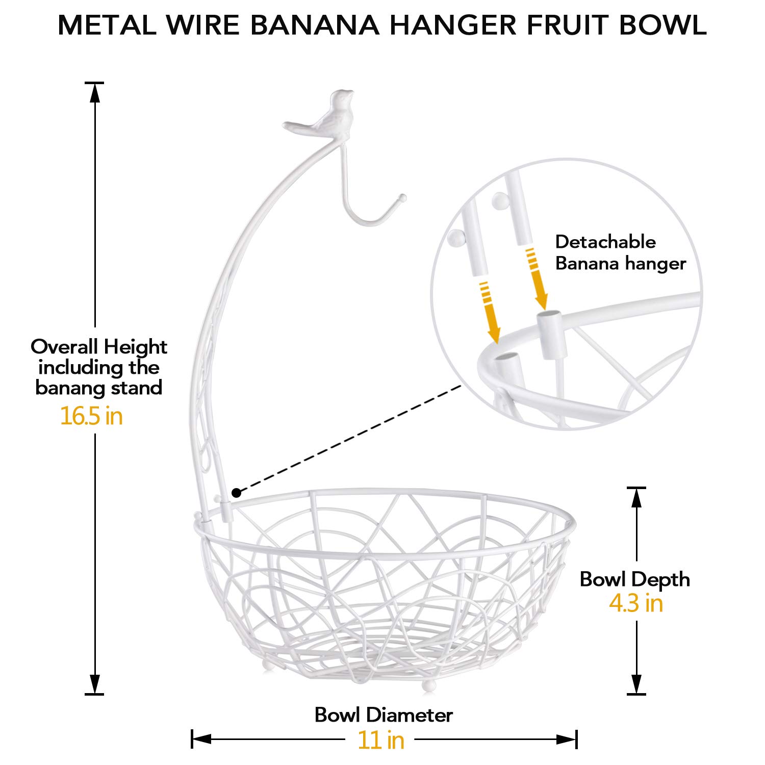 Modern White Fruit Basket Bowl with Banana Hanger - Elegant Bird Design Kitchen Countertop Organizer - Decorative Display Stand for Dining Room & Home Decor - Perfect for Fresh Fruit Storage & Tabletop Arrangement