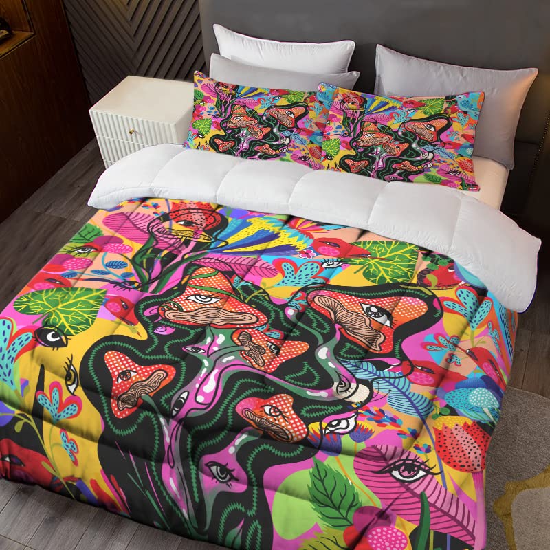 Sunnycitron Queen Size Kids Comforter Set - Colorful Mushroom & Mandala Design, Hippie Style Bedding, Fade Resistant (1 Comforter + 2 Pillowcases) - Perfect for Boys & Girls Bedrooms, Dorm Rooms, and Bohemian Decor