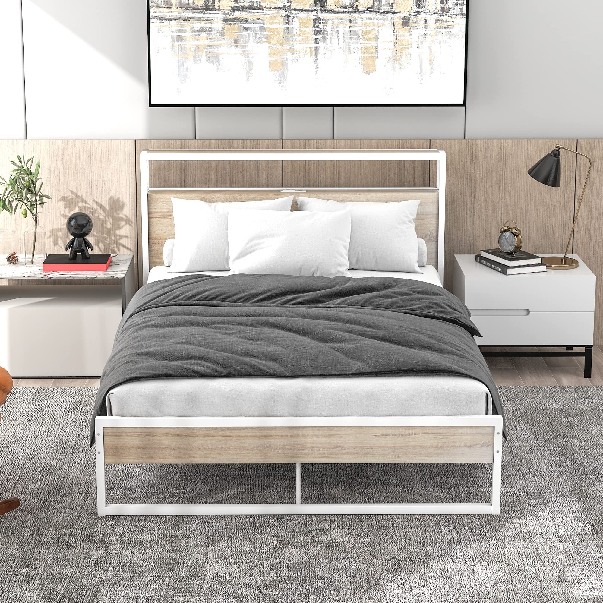 Full Size Platform Bed Frame with USB Ports & Outlets - Modern Metal Bed with Storage Drawers, Sturdy Slat Support & Center Legs - No Box Spring Needed (White) - Perfect for Small Spaces, Apartments & Modern Bedrooms