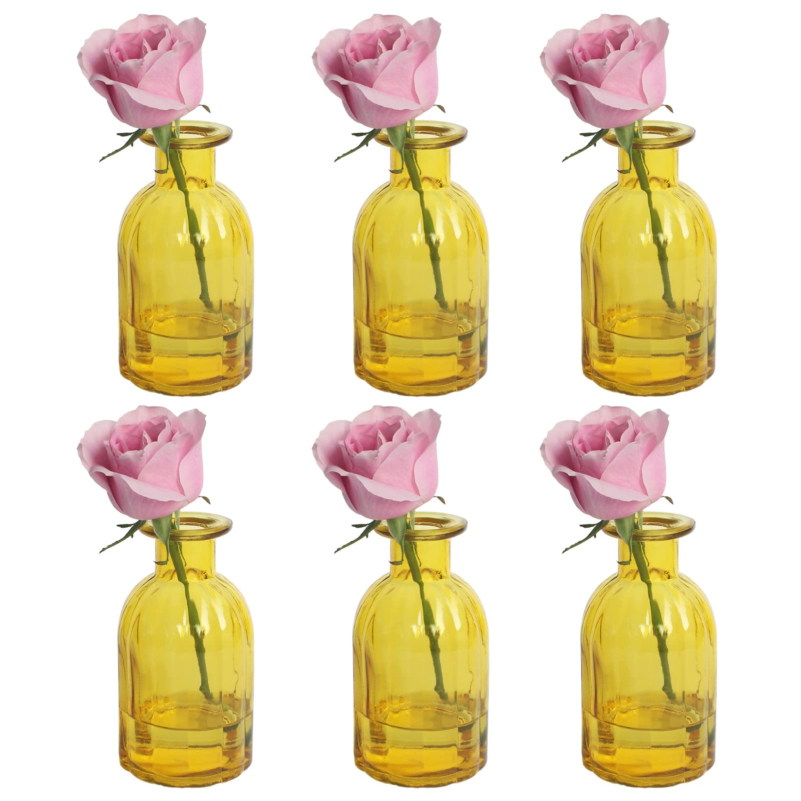 6 Pack Yellow Glass Bud Vases - Small Flower Vases Set for Home Decor, Wedding Centerpieces & Table Decorations - Vintage Round Glass Bottles 2.85