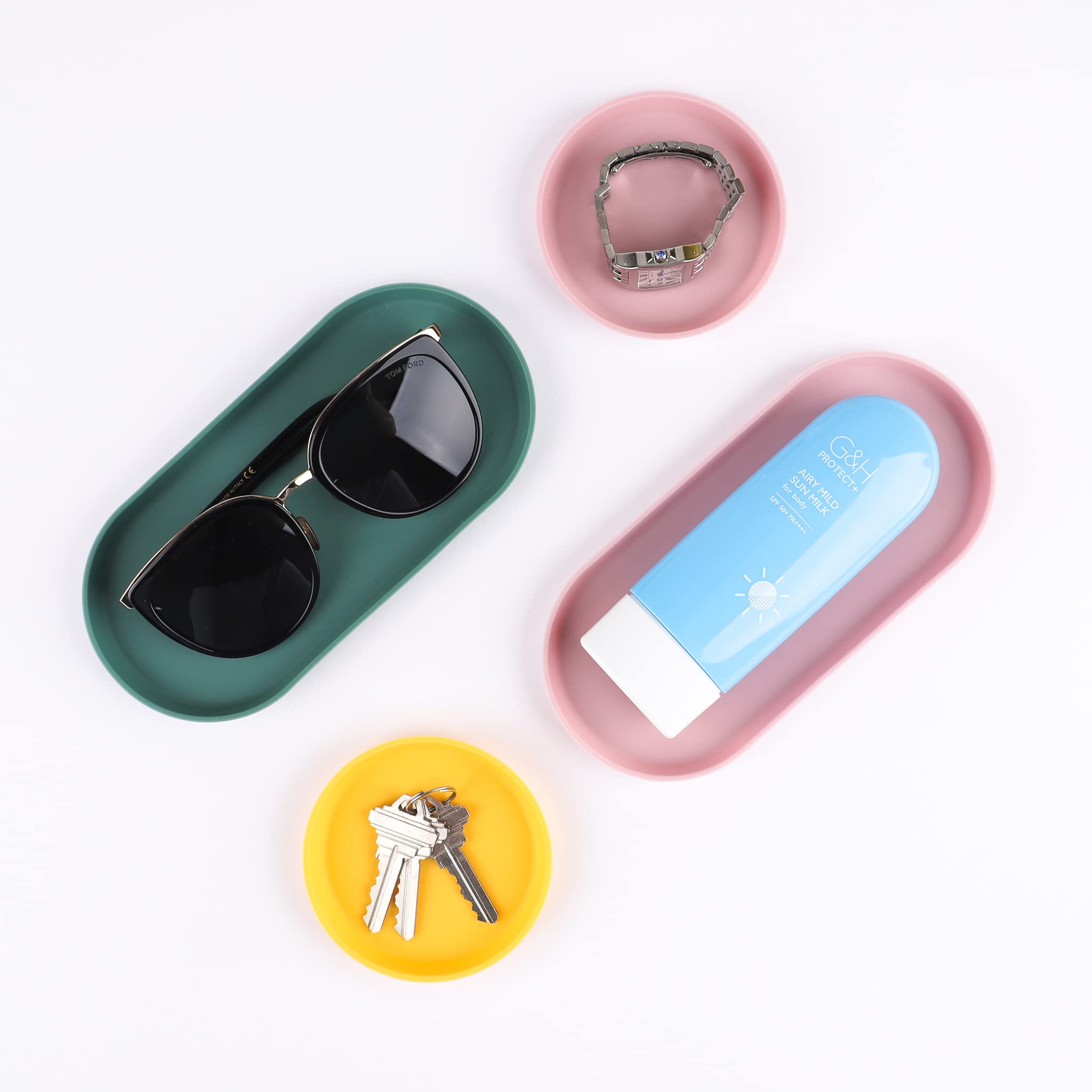 Blue Ginkgo Mini Silicone Trays Set of 6 - Non-Slip Bathroom Organizer, Kitchen Countertop Storage, Desk & Vanity Tray for Jewelry, Makeup, Cosmetics - Easy Clean, Stackable (Green, Yellow, Pink) - Perfect for Small Item Organization in Home & Office