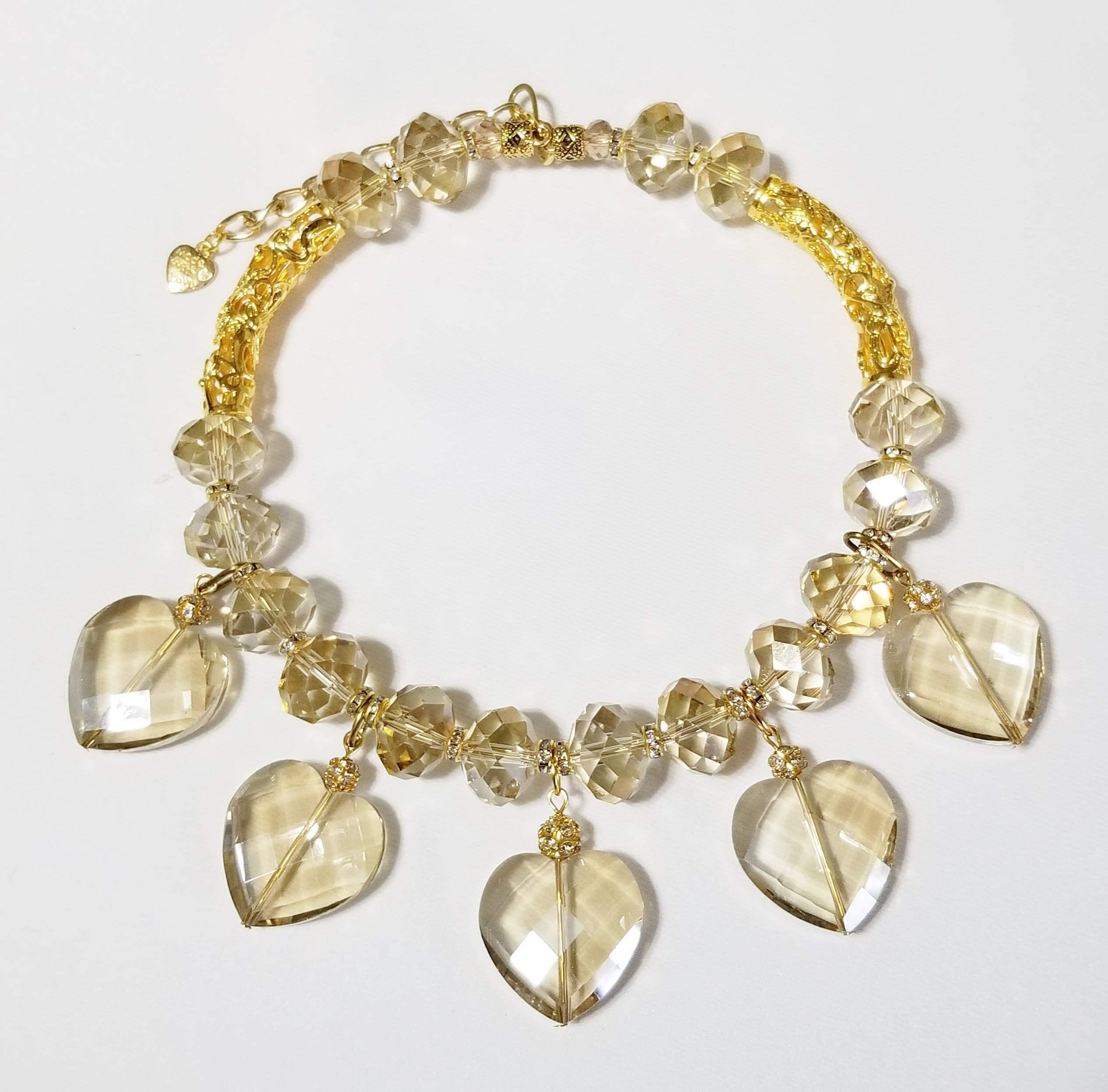 Exquisite Rare Sparkly Champagne Austrian Crystal Jewelry Set - Necklace, Earrings & Bracelet with 5 Hearts Design | Perfect for Weddings, Anniversaries & Special Occasions
