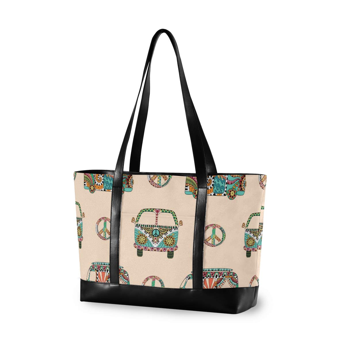 Stylish Hippie Camper Bus Print Laptop Tote Bag for Women - Lightweight Canvas & Leather Shoulder Bag Fits 15.6 Inch Notebook - Perfect for Work, Travel & Boho Fashion