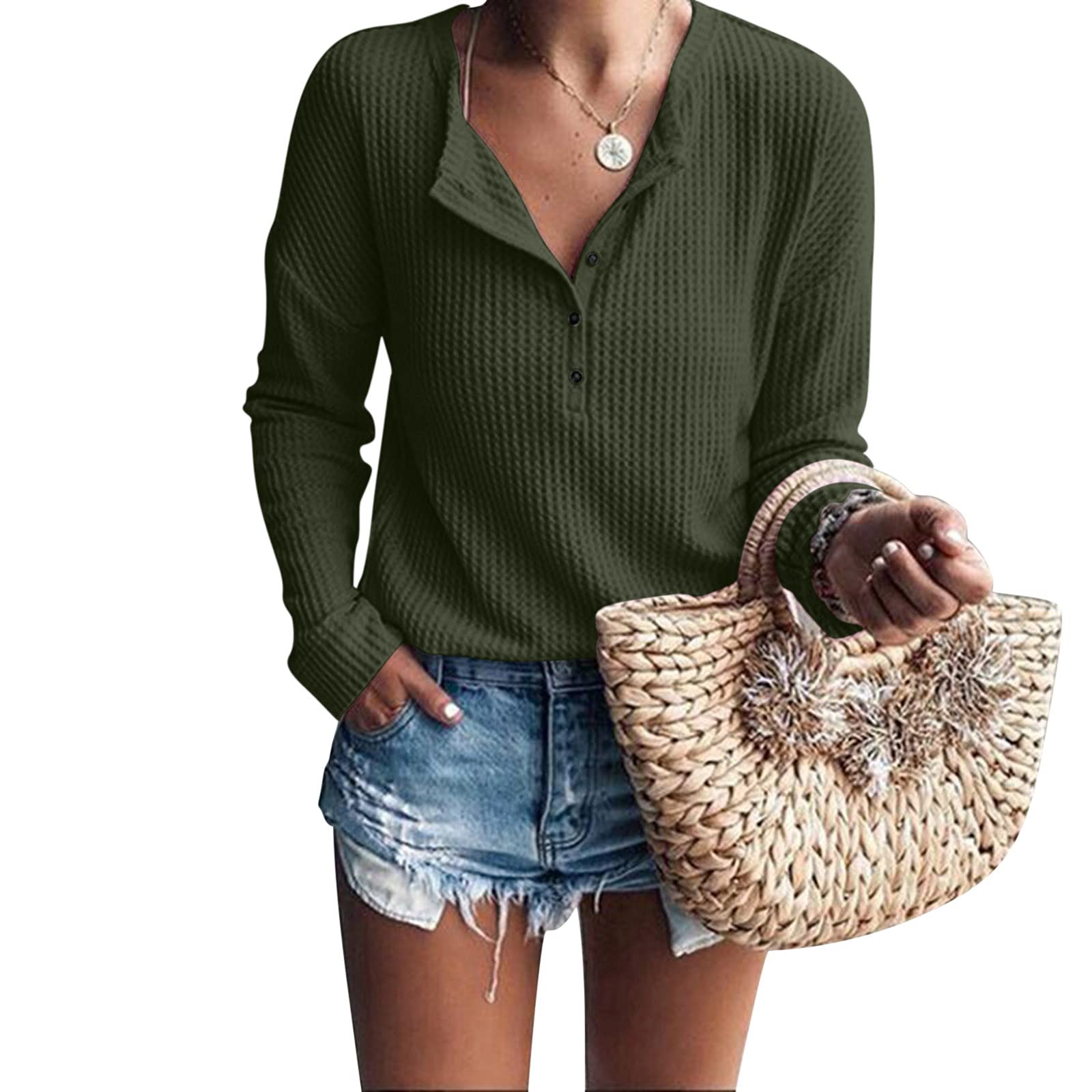 Aniywn Women's V-Neck Henley Tee Shirts - Waffle Knit Drop Shoulder Long Sleeve Tops - Casual Loose Pullover for Everyday Wear & Layering