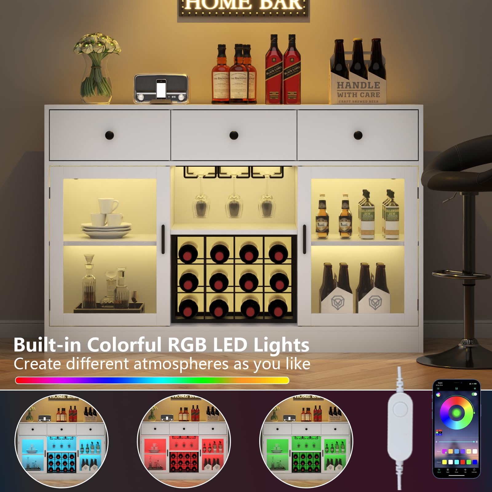 Modern White Wine Bar Cabinet with LED Lights - Kitchen Buffet Sideboard with Adjustable Shelves, Glass Door & Storage Drawers - Perfect for Home Bar, Dining Room & Living Room Storage