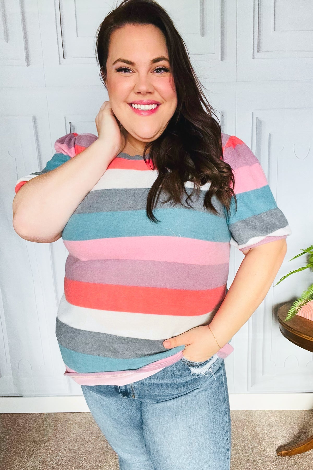Look Out Teal & Rose Striped Hacci Knit Puff Sleeve Top | Women's Fashion Blouse | Casual & Party Wear | Perfect for Date Nights & Office Outfits
