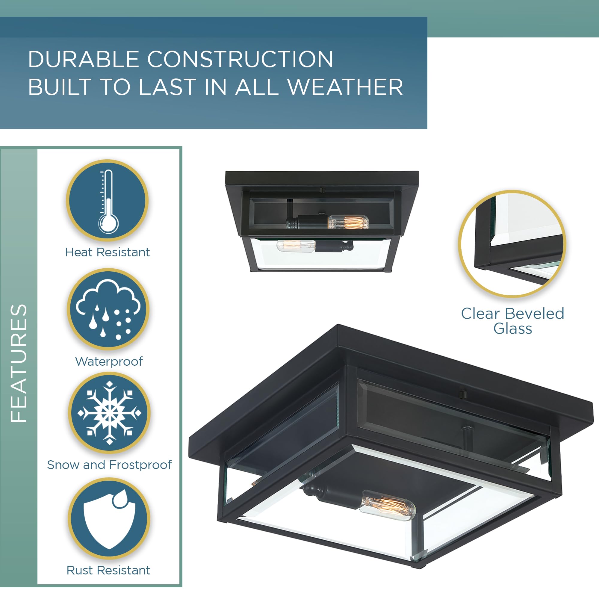 Quoizel Westover 12 Inch 2-Light Outdoor Flush Mount Ceiling Light - Black Industrial Lantern with Beveled Glass - Farmhouse Porch Patio Hallway Yard Lighting - Perfect for Outdoor Entryway, Garden & Backyard Decor