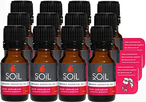 Organic Rose Geranium Essential Oil - 100% Pure & Natural, Certified Organic, Vegan, Non-GMO - 120ml (4oz) - 12 x 10ml Bottles - Perfect for Aromatherapy, Massage & Skincare