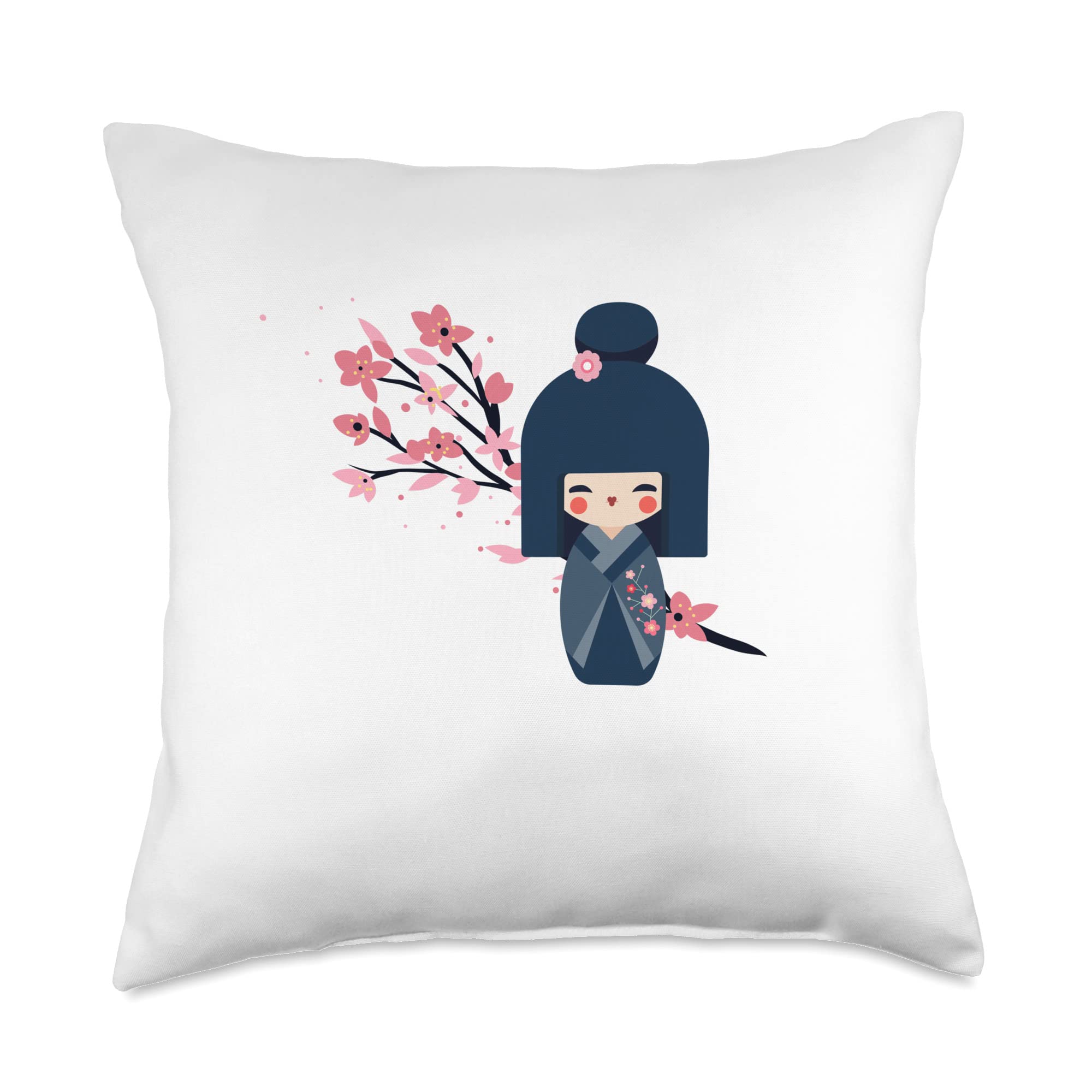 Authentic Usaburo Kokeshi Doll & Japanese Sakura Cherry Blossom Decorative Throw Pillow - Perfect for Home Decor, Japanese Culture Enthusiasts, and Gift Giving