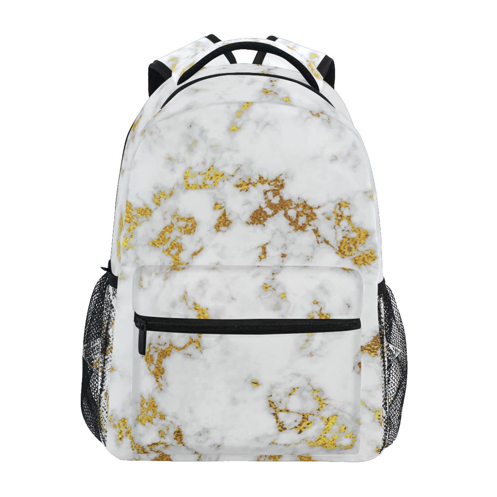White Marble Abstract Art Golden Glitter Laptop Backpack - Stylish College School Bag for Women & Men, Durable Daypack for Work, Travel & Campus Use