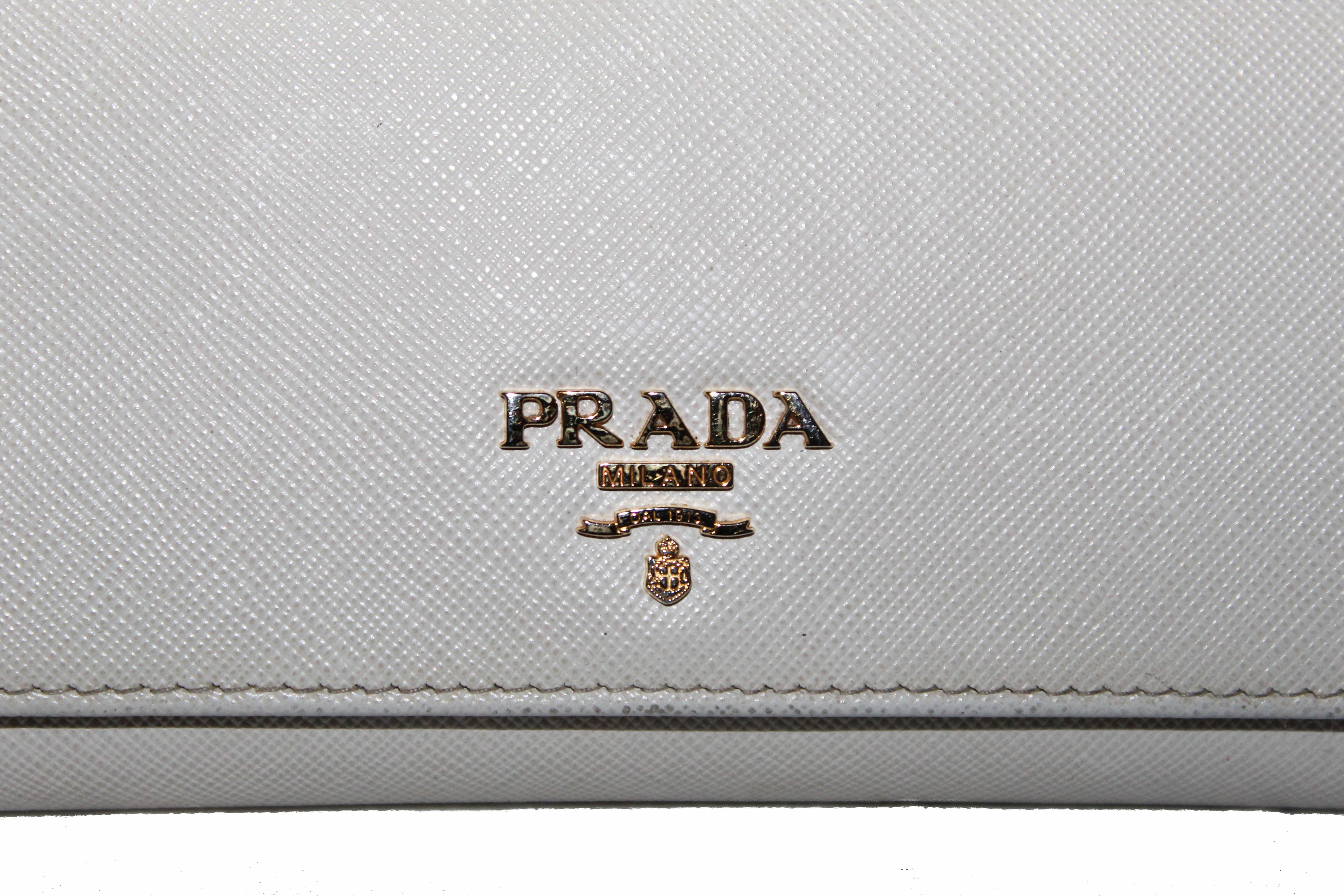 Authentic Prada Ivory Saffiano Leather Continental Flap Wallet for Women | Luxury Designer Wallet with RFID Protection | Perfect for Everyday Use, Travel & Gift Giving