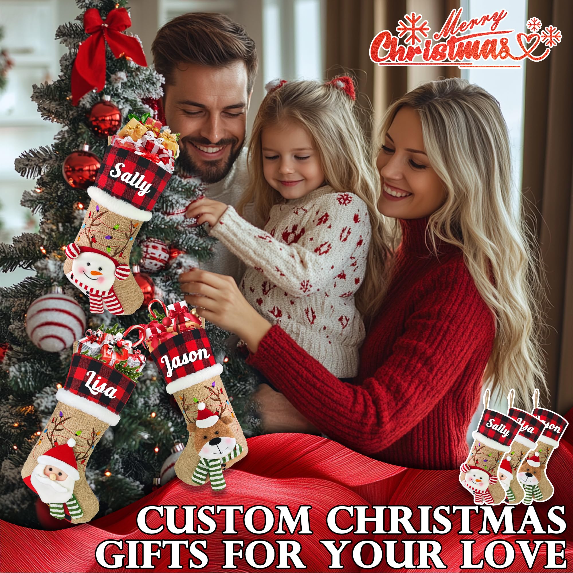 Personalized Christmas Stockings with Name - Custom Holiday Stockings for Fireplace & Tree Decor - Burlap Plaid Xmas Party Gifts for Family & Kids (3D Reindeer Design) - Perfect for Christmas Eve, Family Gatherings & Festive Home Decor