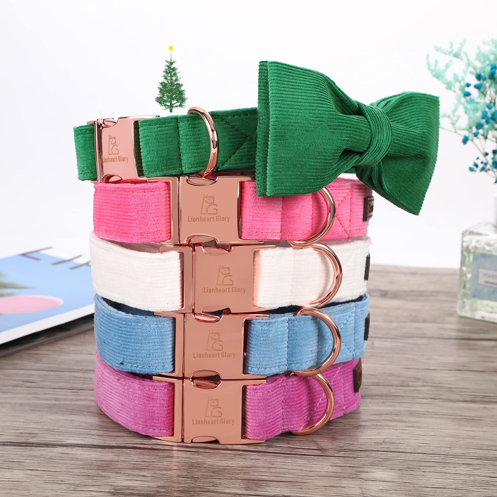 Lionheart Glory Pink Corduroy Dog Collar with Bow - Soft Adjustable Pet Collar for Small Medium Large Dogs - Perfect for Daily Walks, Pet Photos & Special Occasions