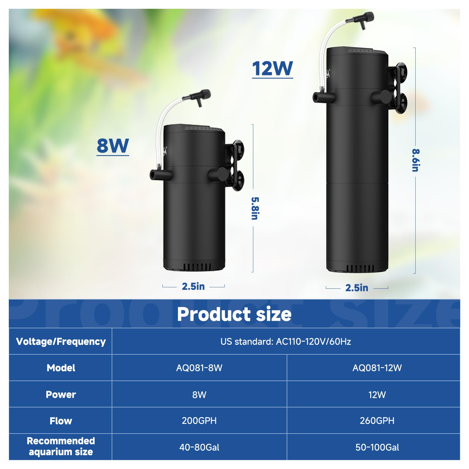 AQQA 200GPH Submersible Aquarium Filter with Dual Water Outlet & Aeration - Adjustable Air Flow for 40-80 Gallon Fish Tanks - Filtration, Oxygenation & Water Circulation Pump (8W) - Perfect for Freshwater & Saltwater Aquariums, Fish Breeding & Aquatic Plant Tanks
