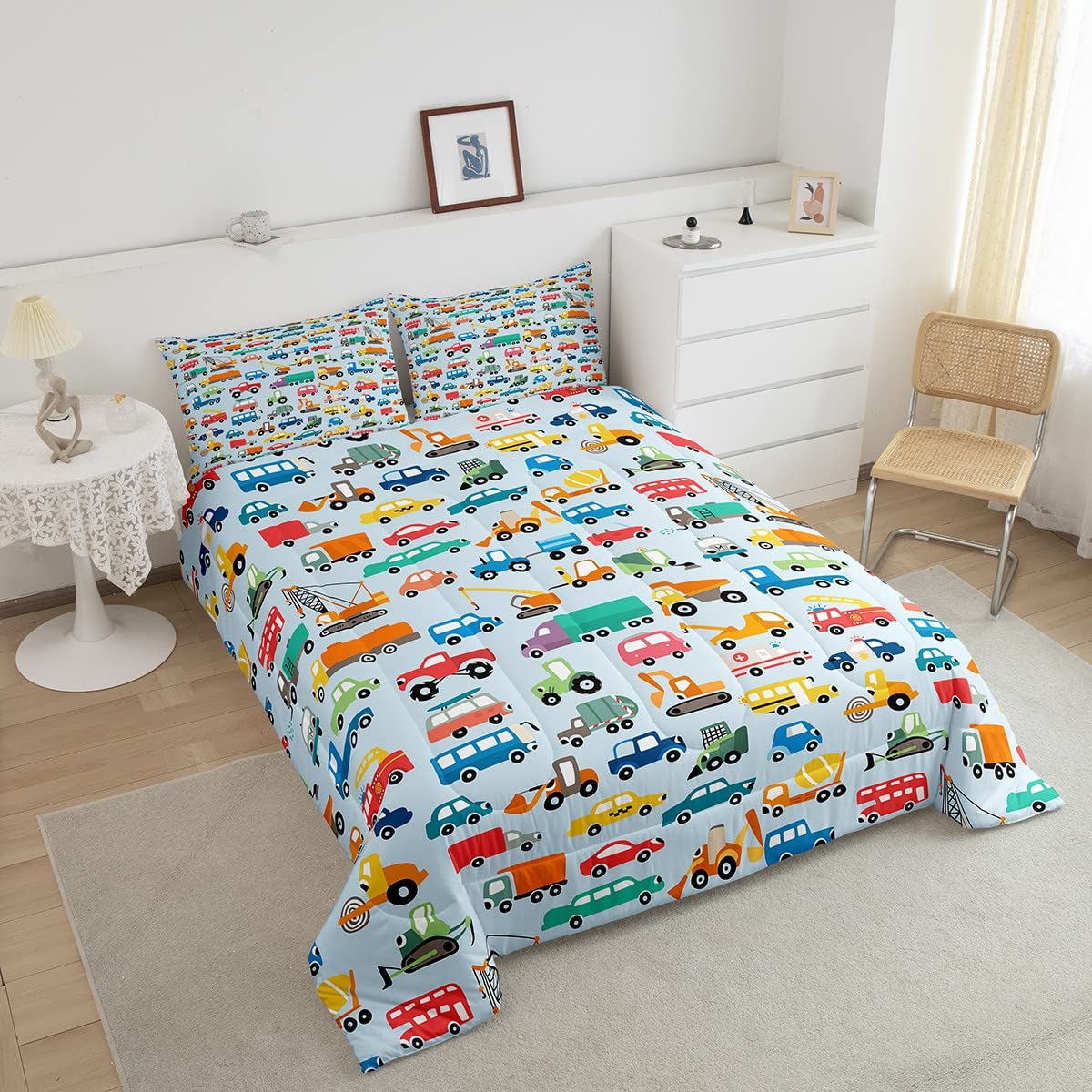 Kids Construction Comforter Set - Cartoon Car, Truck & Tractor Bedding for Boys & Girls | 3-Piece Full Size Set (1 Comforter + 2 Pillowcases) | Perfect for Toddler Rooms, Daycare & Themed Bedrooms