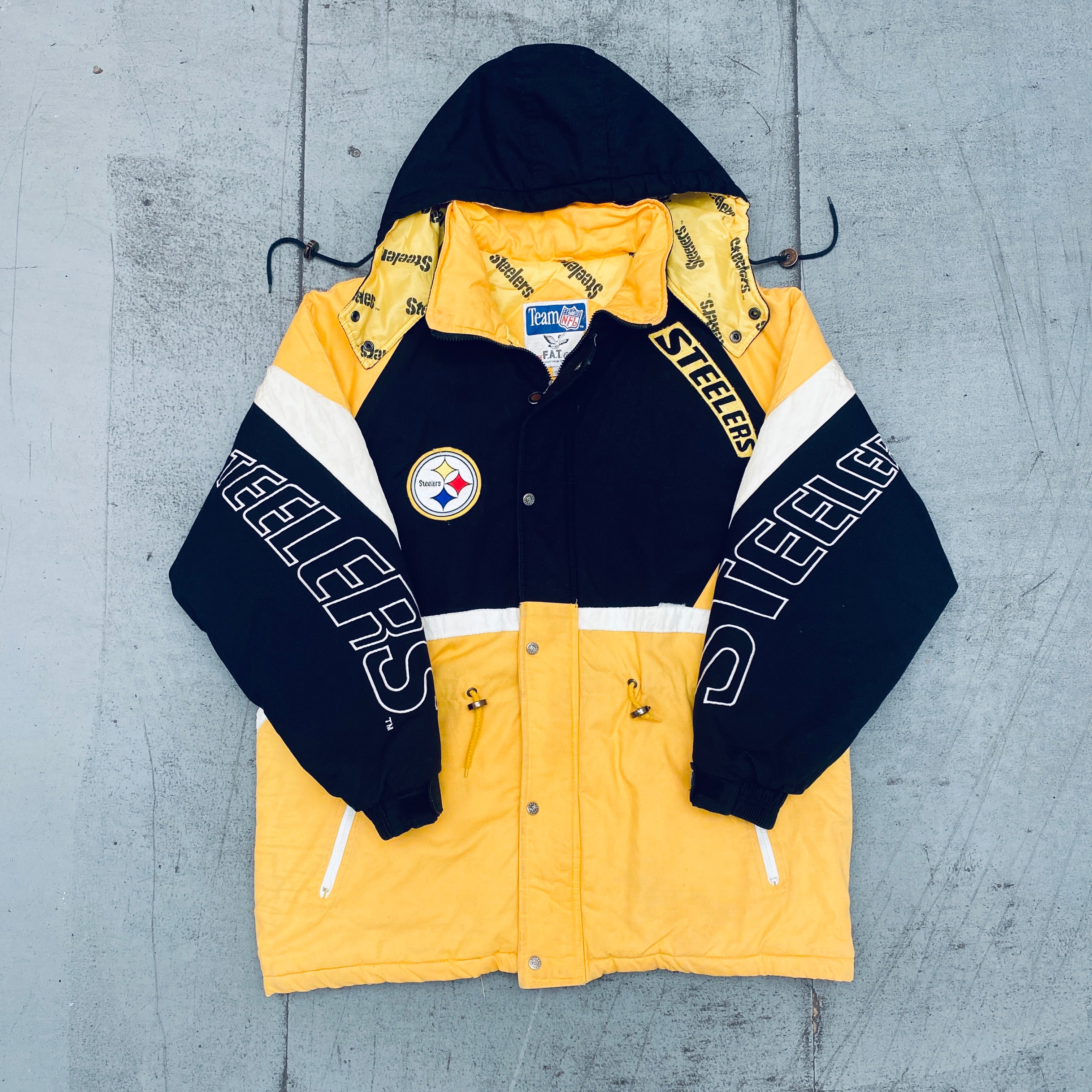 Pittsburgh Steelers 1990s Triple F.A.T. Goose Full-Zip Trench Coat - Vintage NFL Jacket for Men (Size L/XL) | Football Game Day Outfit, Retro Streetwear Fashion, Winter Outerwear
