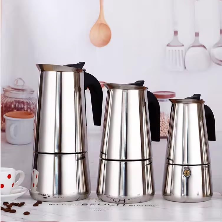 Premium Stainless Steel Moka Pot Espresso Maker - 6 Cup Stovetop Coffee Percolator for Italian & Cuban Style Brewing | Durable Greca Coffee Maker for Home, Office & Camping Use