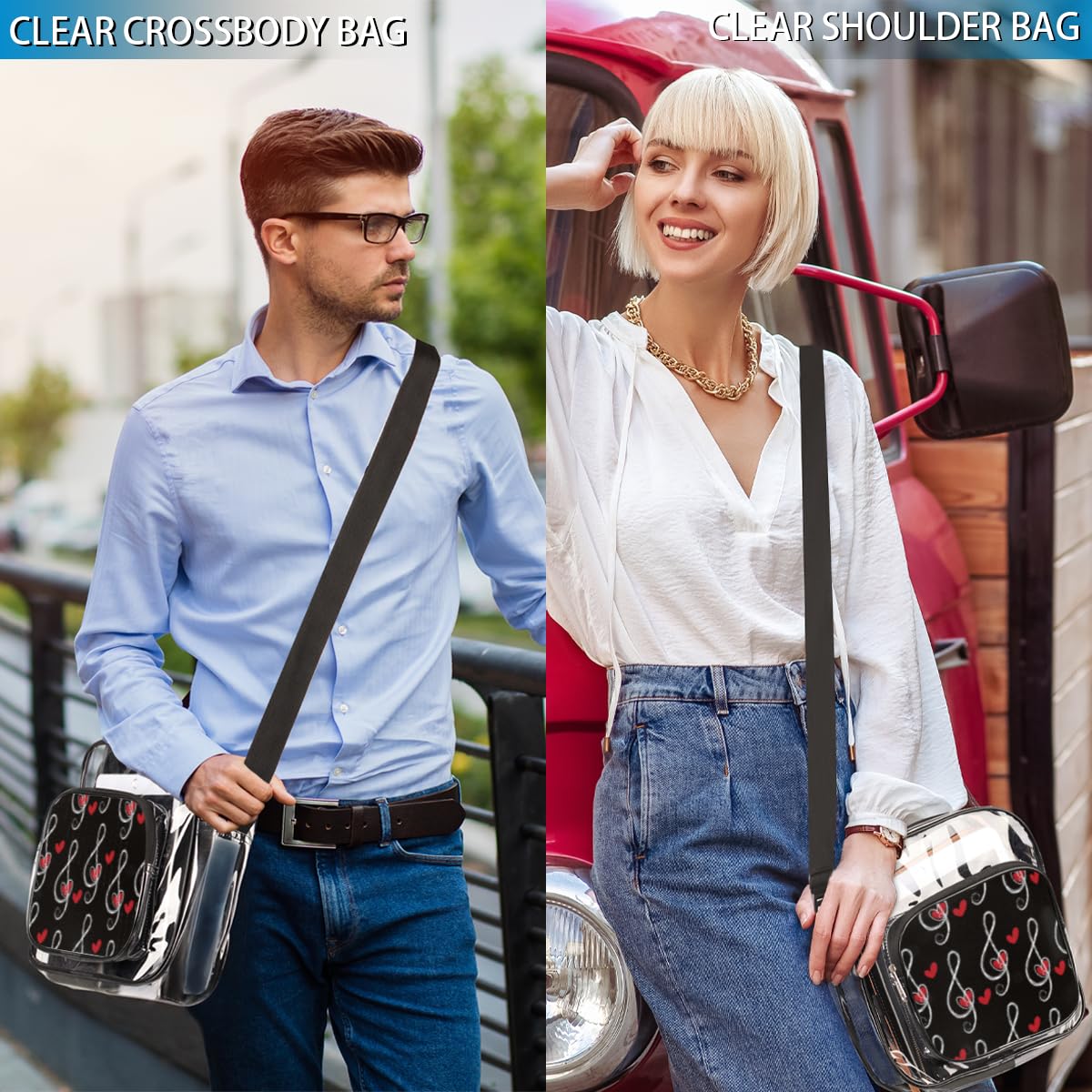 Music Note Clear Crossbody Purse Bag - Stadium Approved Transparent Shoulder Bag for Concerts & Sports Events - Heart Musical Note Design Clear Tote for Women & Men - Perfect for Festivals, Games, and Night Out