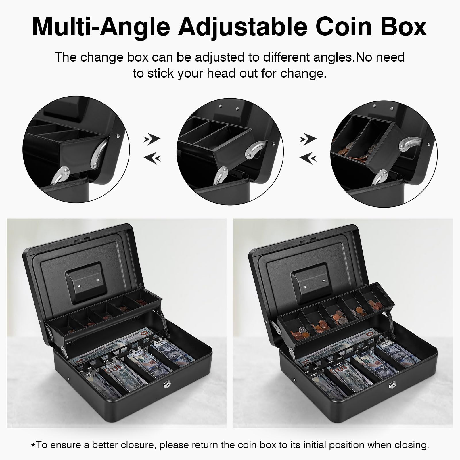 Metal Cash Box with Lock & Key - Durable Money Safe with 4 Bill & 5 Coin Slots, Cantilever Design - Ideal for Retail Stores, Small Businesses, Home Use & Office Cash Management
