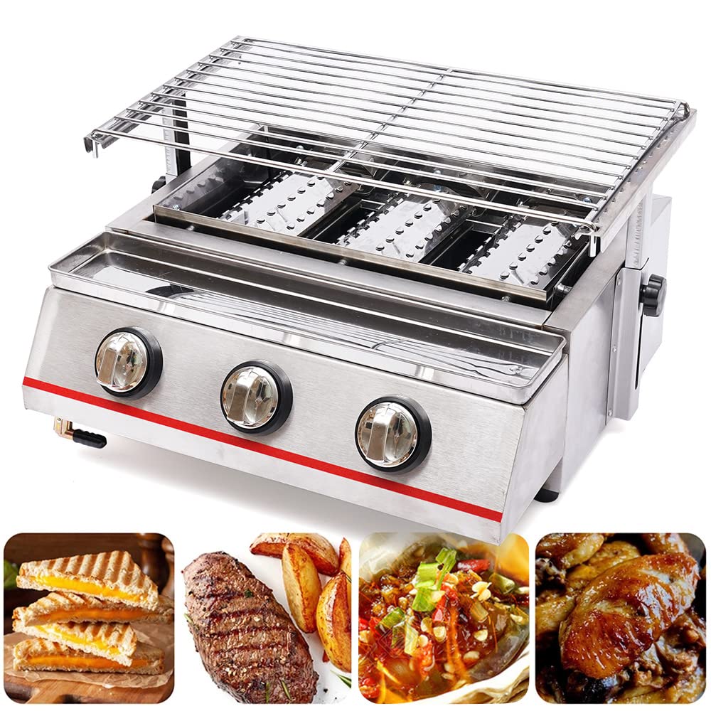 **3-Burner Stainless Steel Commercial Gas BBQ Grill - 2800PA LPG Outdoor Grill with Multi-Function for Camping, Picnics & Backyard Cooking**
