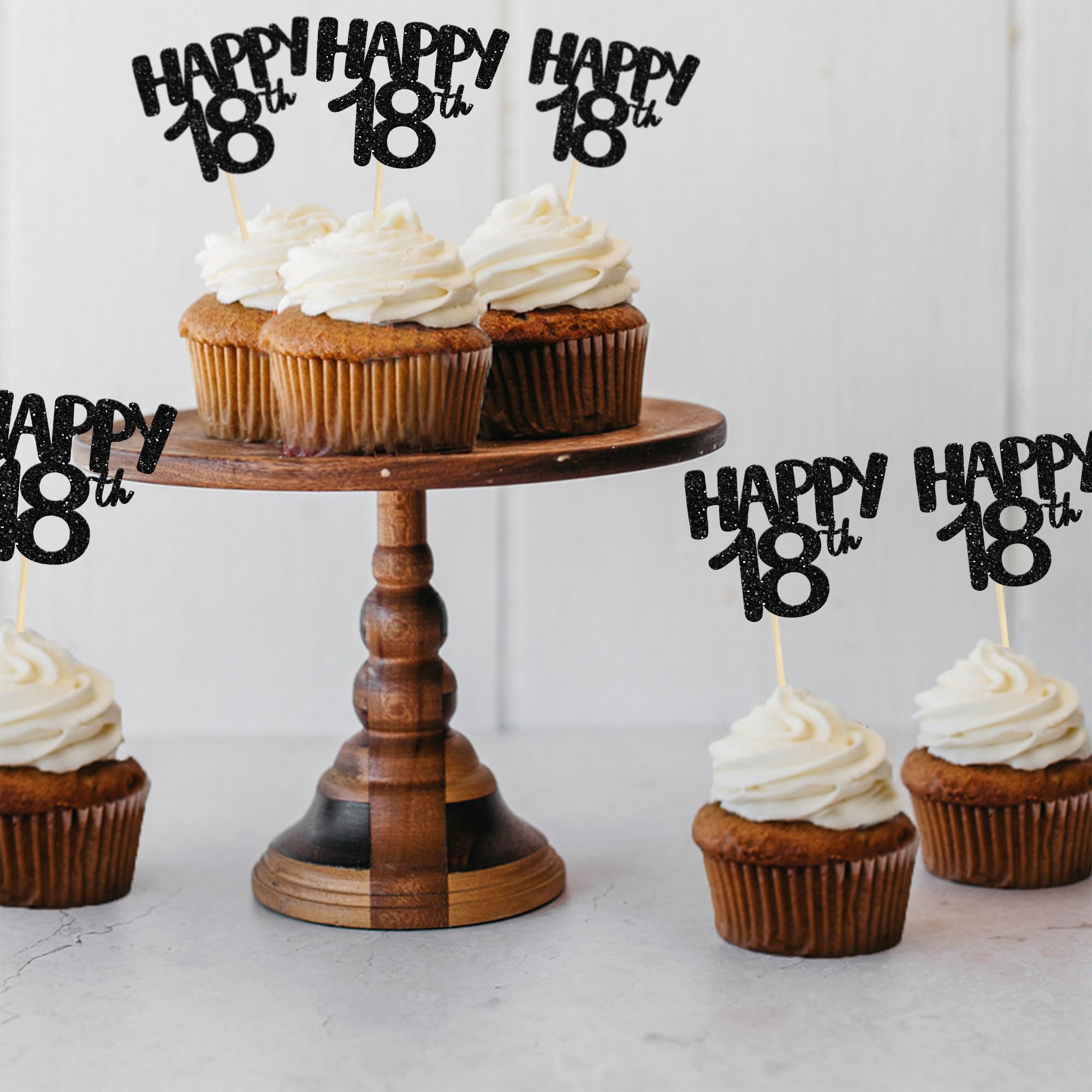 24Pcs Happy 18th Birthday Cupcake Toppers - Black Gold Cake Decorations for 18th Anniversary Party Supplies | Perfect for Teen Birthday Celebrations, Graduation Parties & Milestone Events