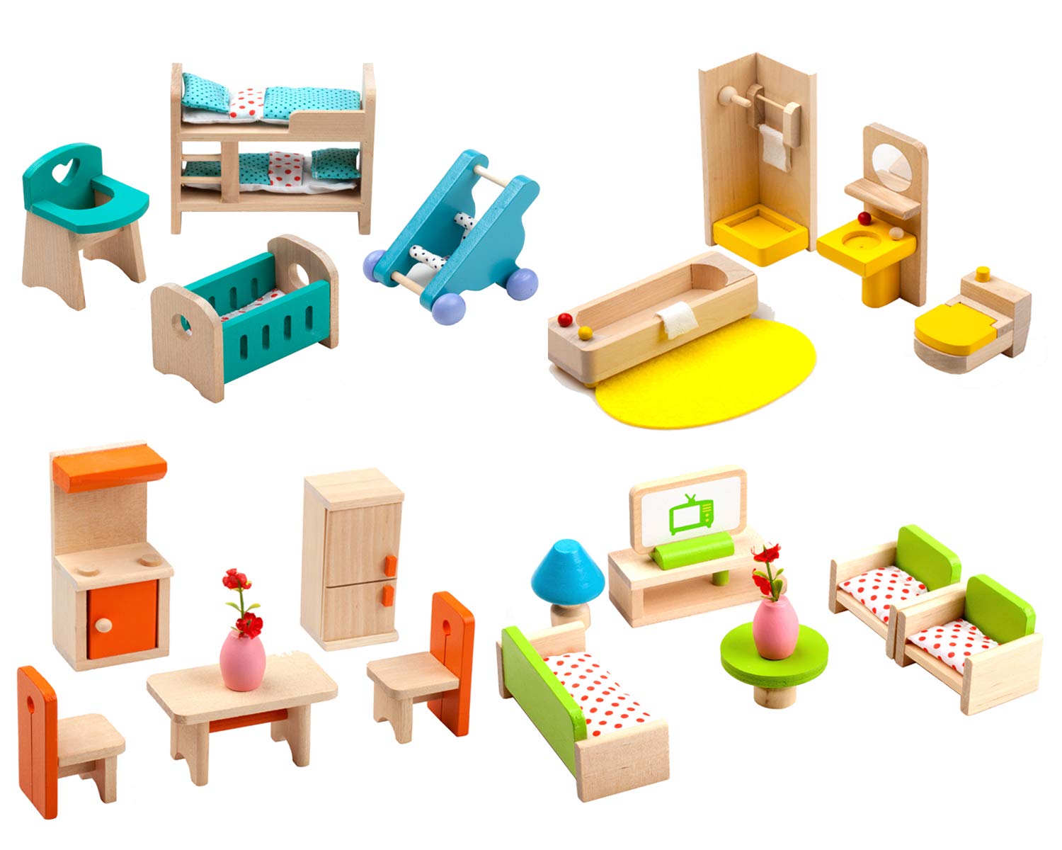 Colorful Wooden Dollhouse Furniture Set - 4 Piece Miniature Bathroom, Living Room, Bedroom & Kitchen Playset for Pretend Play | Kids Toy & Doll Decoration Accessories | Perfect for Imaginative Play, Room Decor & Collectible Displays