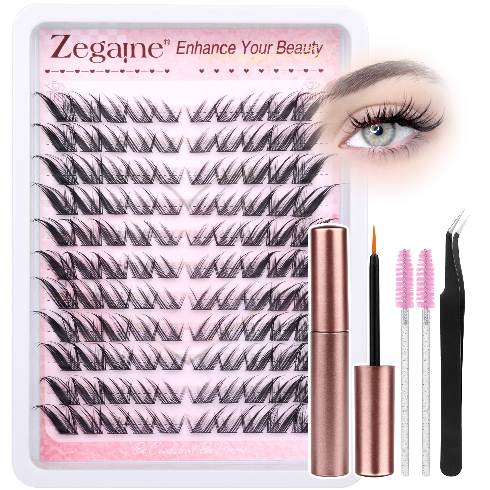 Zegaine Cat Eye Lashes Clusters Kit - Fox Eye Lash Extension Set with L Curl, Wispy Natural Lashes for Left & Right Eyes | Includes Individual Eyelash Extensions, Glue, Tweezers & Brushes | Perfect for Daily Wear, Special Occasions & Professional Makeup Artists