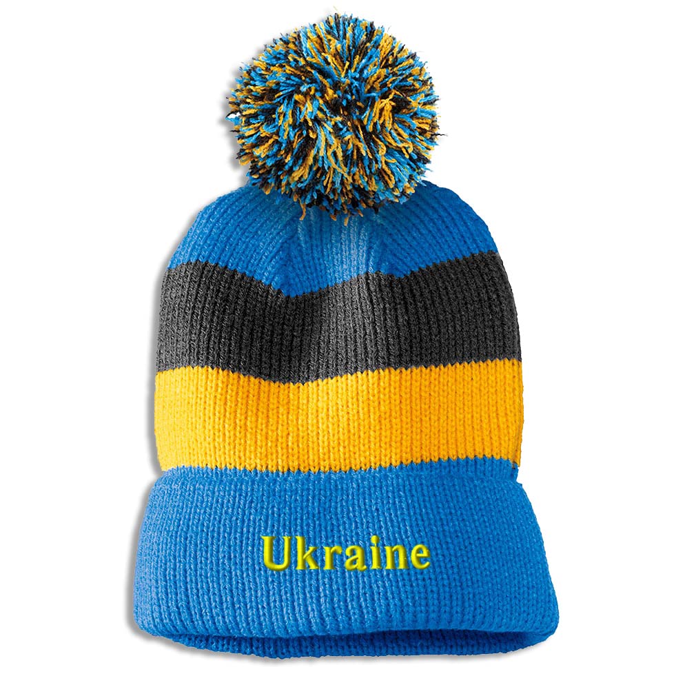 Vintage Pom Pom Beanie - Ukraine Love Winter Hat - Acrylic Skull Cap for Men & Women - One Size Light Blue Stripes - Perfect for Cold Weather, Outdoor Activities & Casual Fashion