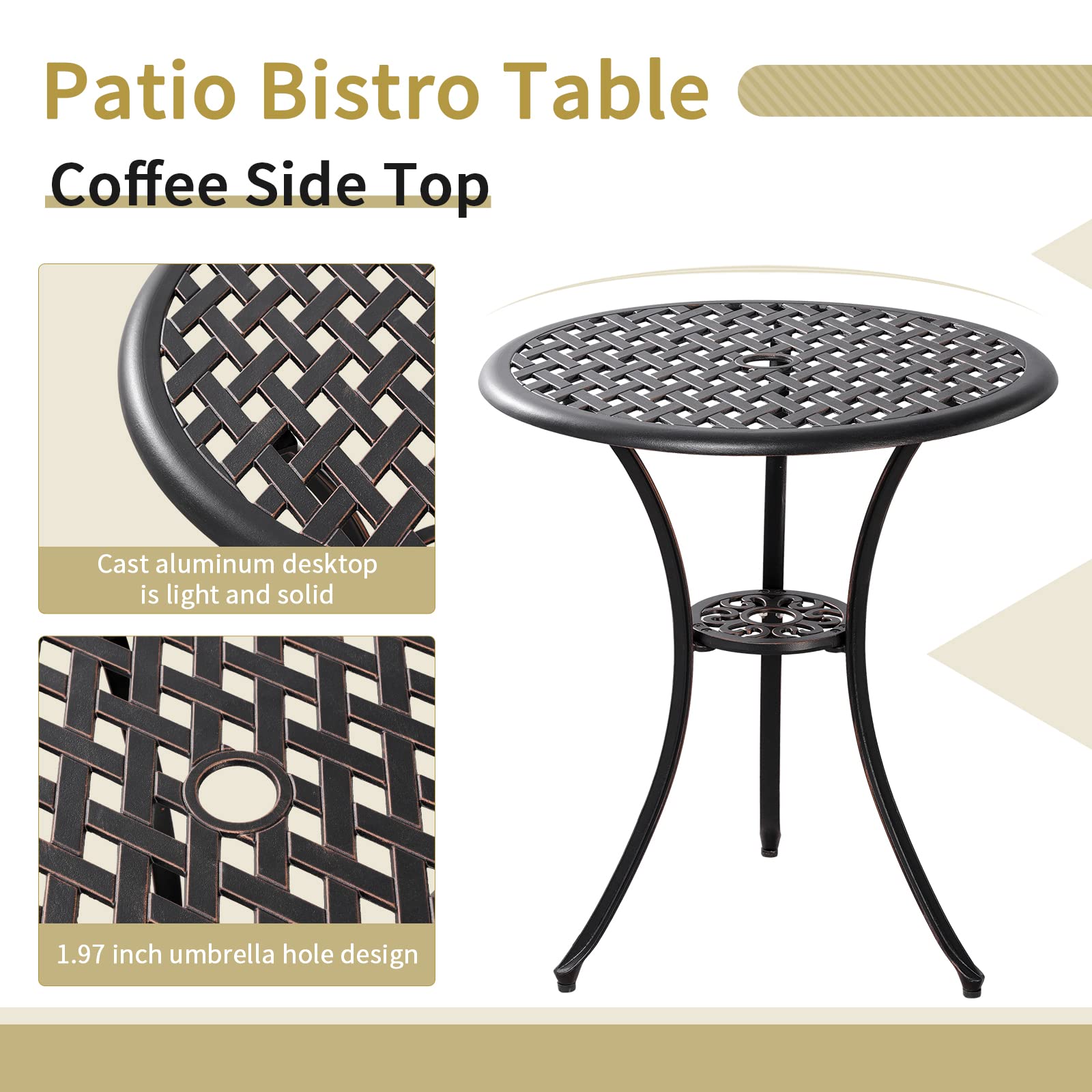 3-Piece Outdoor Bistro Set with Umbrella Hole - Rust-Resistant Patio Table & Chairs for Porch, Balcony or Garden - Perfect for Morning Coffee, Afternoon Tea and Outdoor Dining