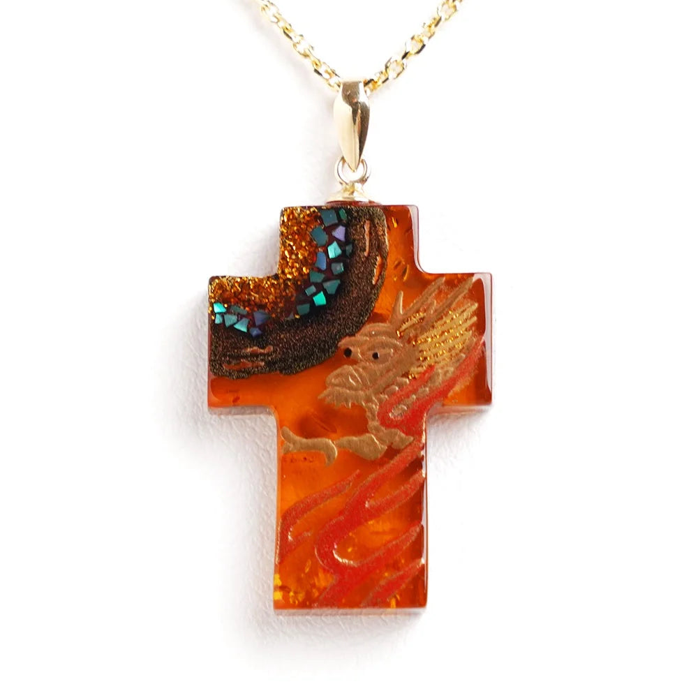 Handcrafted Maki-e Urushi Lacquer Cross Pendant Necklace - Amber & Dragon Design - Traditional Japanese Jewelry for Women - Perfect Gift for Christmas, Birthday & Special Occasions