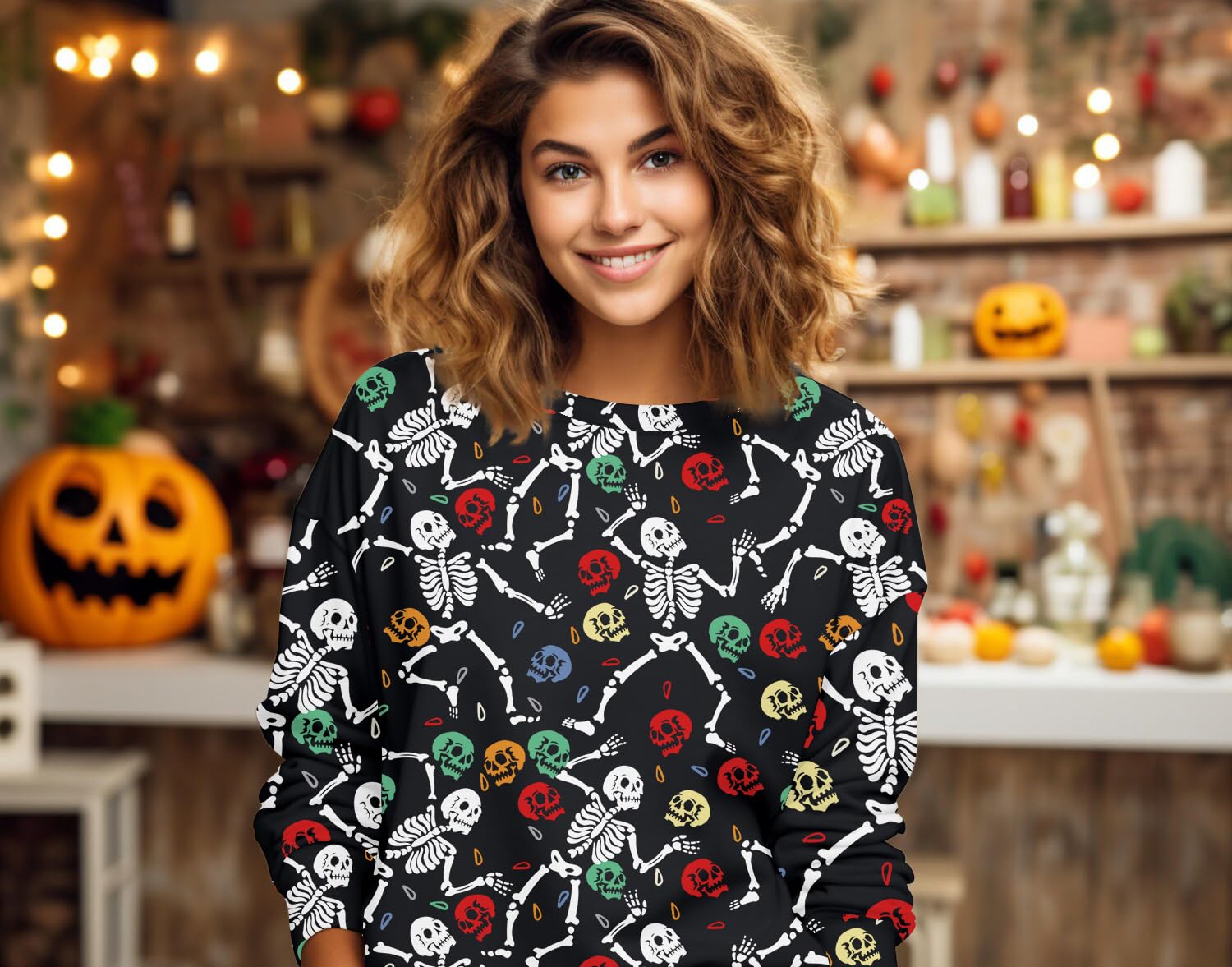Spooky Halloween Skeleton Sweatshirt for Women - Skull Graphic Tee, YI XIANG RAN Dancing Bones Design - Perfect for Halloween Parties, Costume Events & Spooky Season Outfits