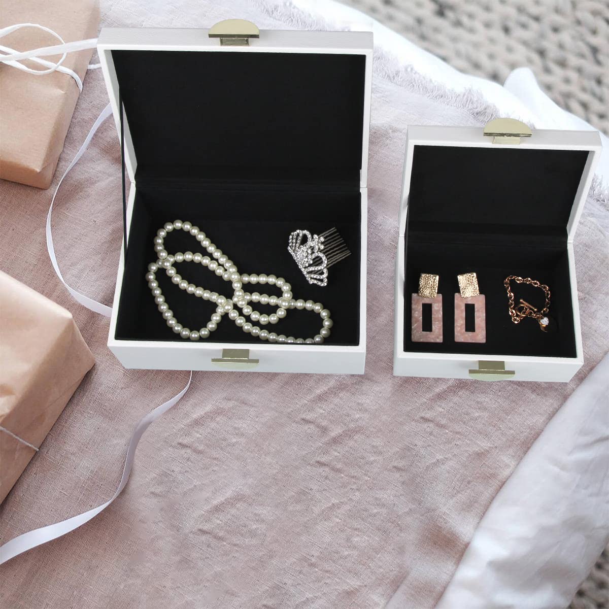 HofferRuffer Faux Leather Jewelry Box Set of 2 - White Vegan Leather Storage Organizer with Gold Hardware for Necklaces, Rings & Accessories - Perfect for Bedroom, Dresser & Gift Giving