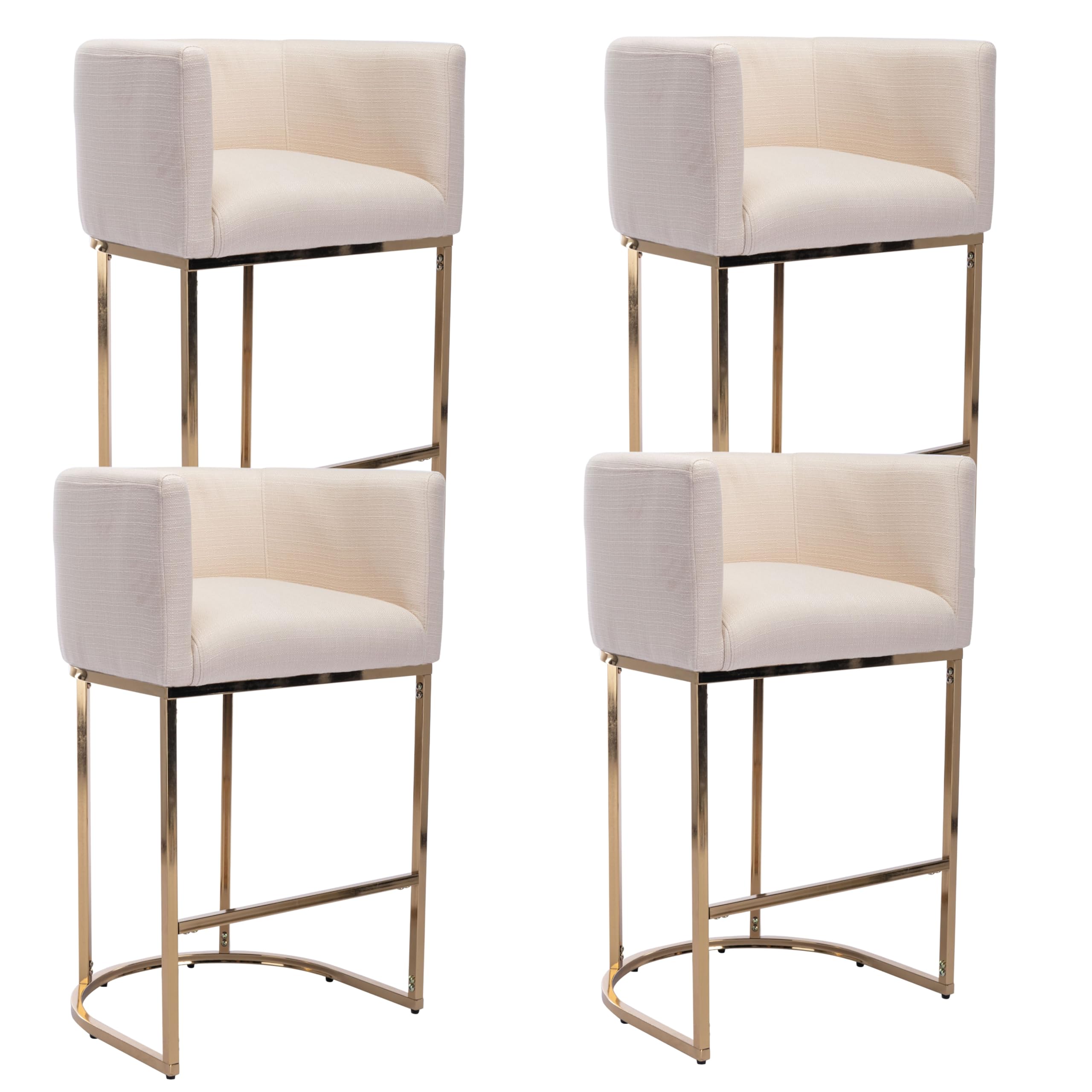 Modern Cream Counter Height Barrel Linen Fabric Upholstered Counter Stools Set of 4, 29 Inch Kitchen Island Stools with Gold Metal Frame - Perfect for Breakfast Bars, Kitchen Islands & Dining Areas