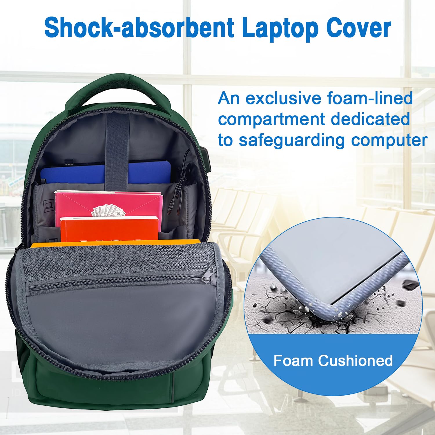 WOLT 15.6-17 Inch Laptop Backpack for Men & Women - Flight Approved Travel Backpack with USB Charging Port & Computer Compartment - Durable College Bookbag for Work, School & Business Travel (Green)