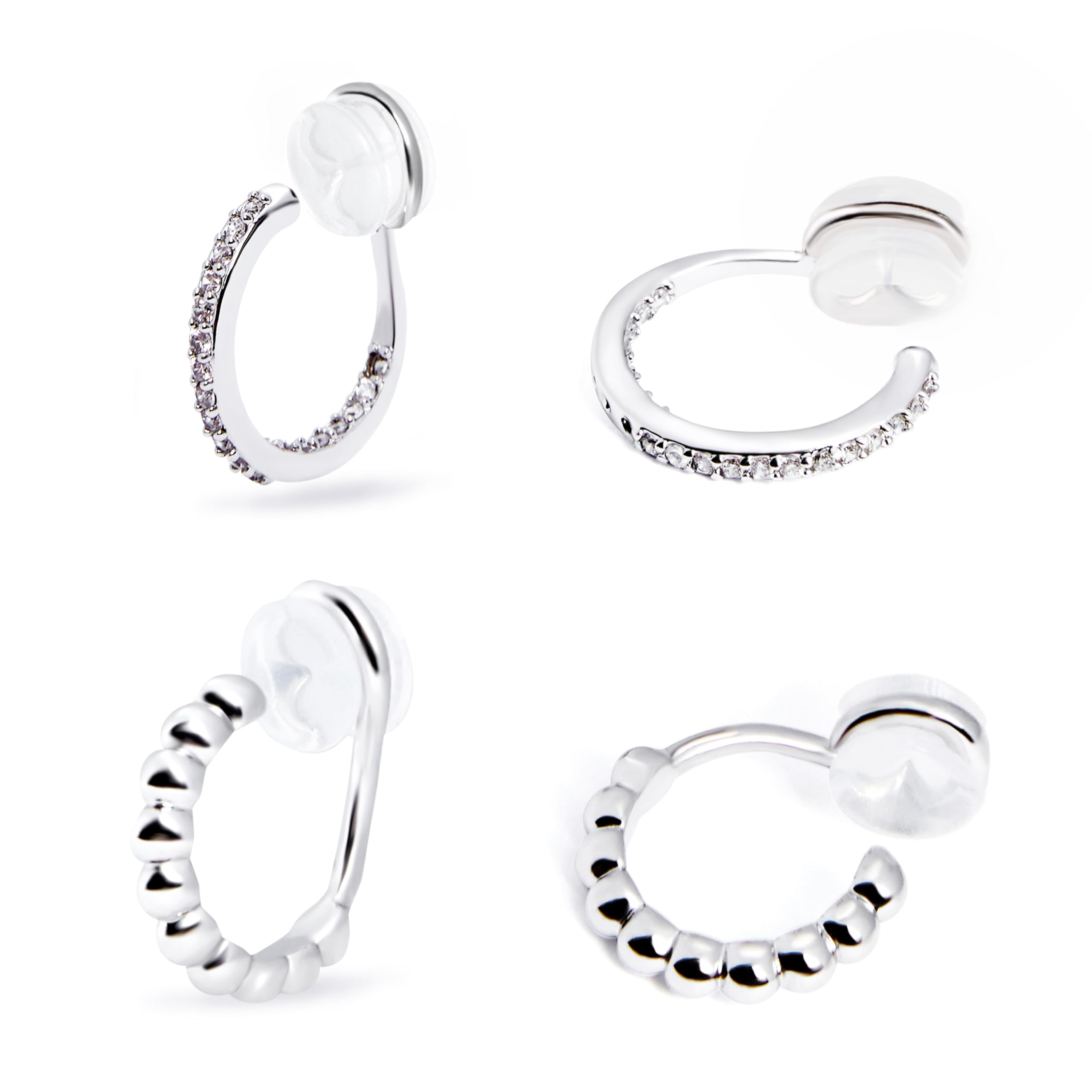14K Gold Plated Clip-On Hoop Earrings for Women - Non-Pierced Small Hoop Earrings with Cubic Zirconia, Mini Beaded Fake Piercing Earrings Set of 2 Pairs - Perfect for Weddings, Parties & Everyday Wear