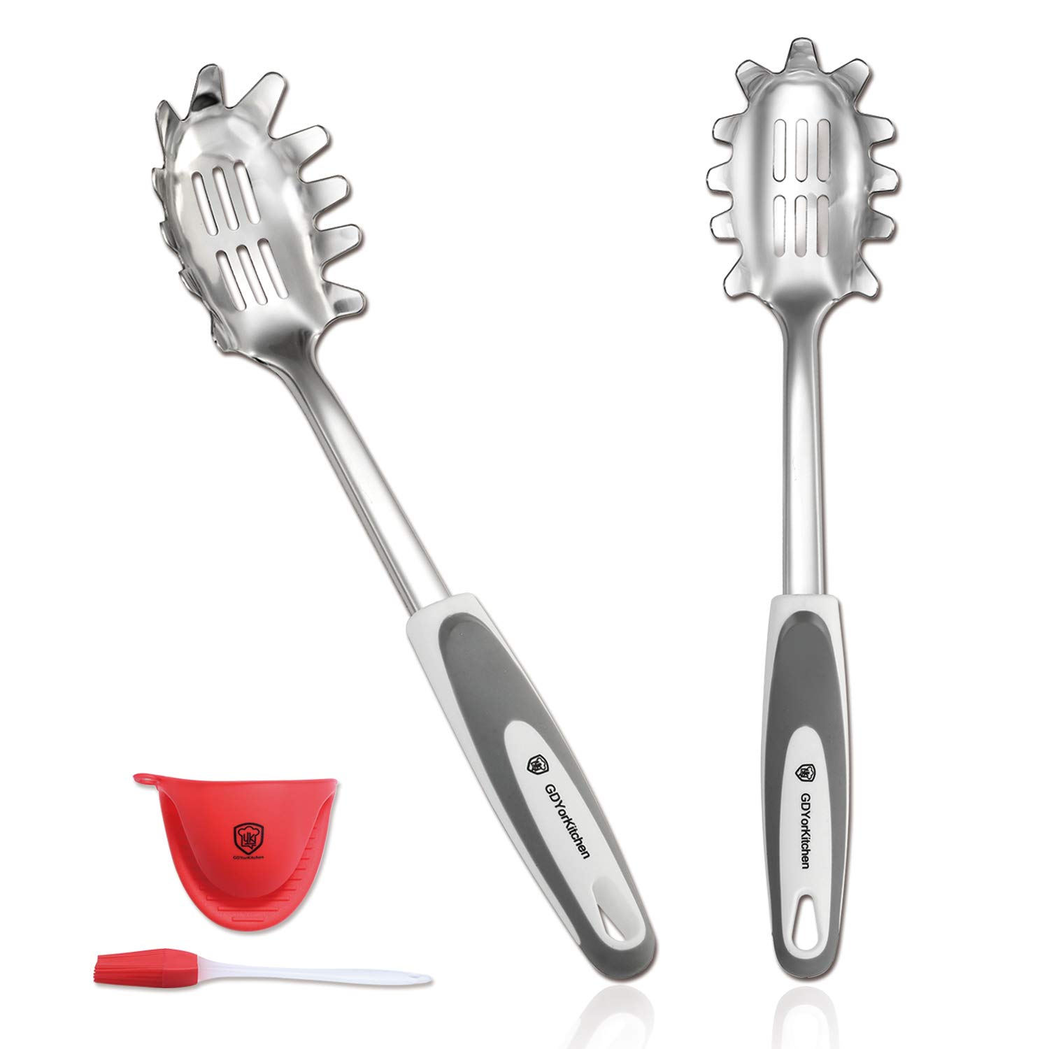 Stainless Steel Slotted Pasta Spoon with Fork - Set of 2 Gray Spaghetti Servers, Durable Kitchen Utensils with Comfortable Grip - Includes Bonus Silicone Brush & Oven Mitt - Perfect for Cooking, Serving Pasta, Lasagna & Italian Dishes