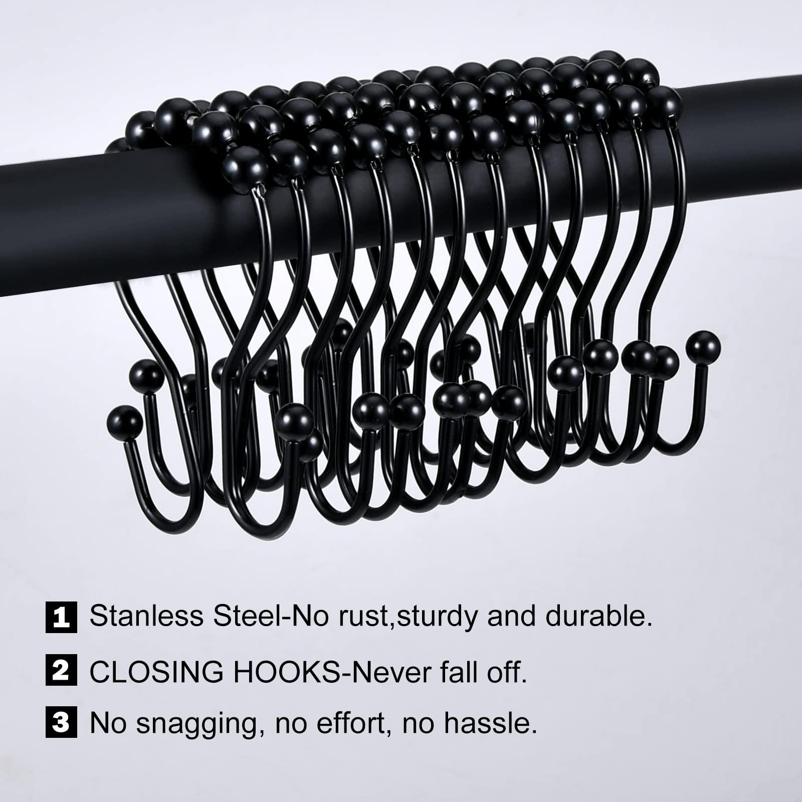 Stainless Steel Black Shower Curtain Hooks Rings - Rust-Resistant Double Shower Curtain Hooks for Bathroom, Heavy Duty Shower Rod Accessories - Perfect for Modern Bathrooms, Hotels, and Dorm Showers