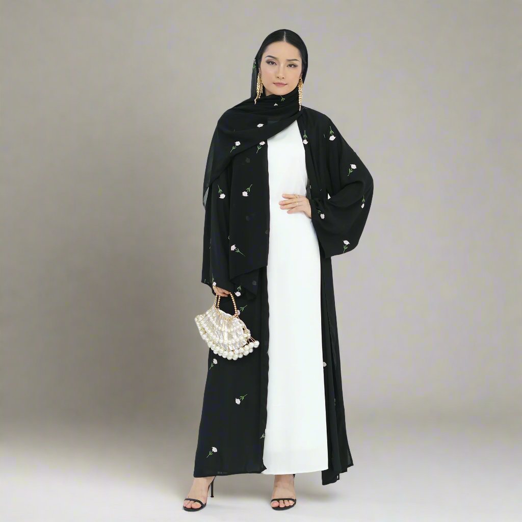 Elegant Black Chiffon Open Abaya Kimono Set for Women - Modest Islamic Fashion, Perfect for Prayer, Eid, and Special Occasions