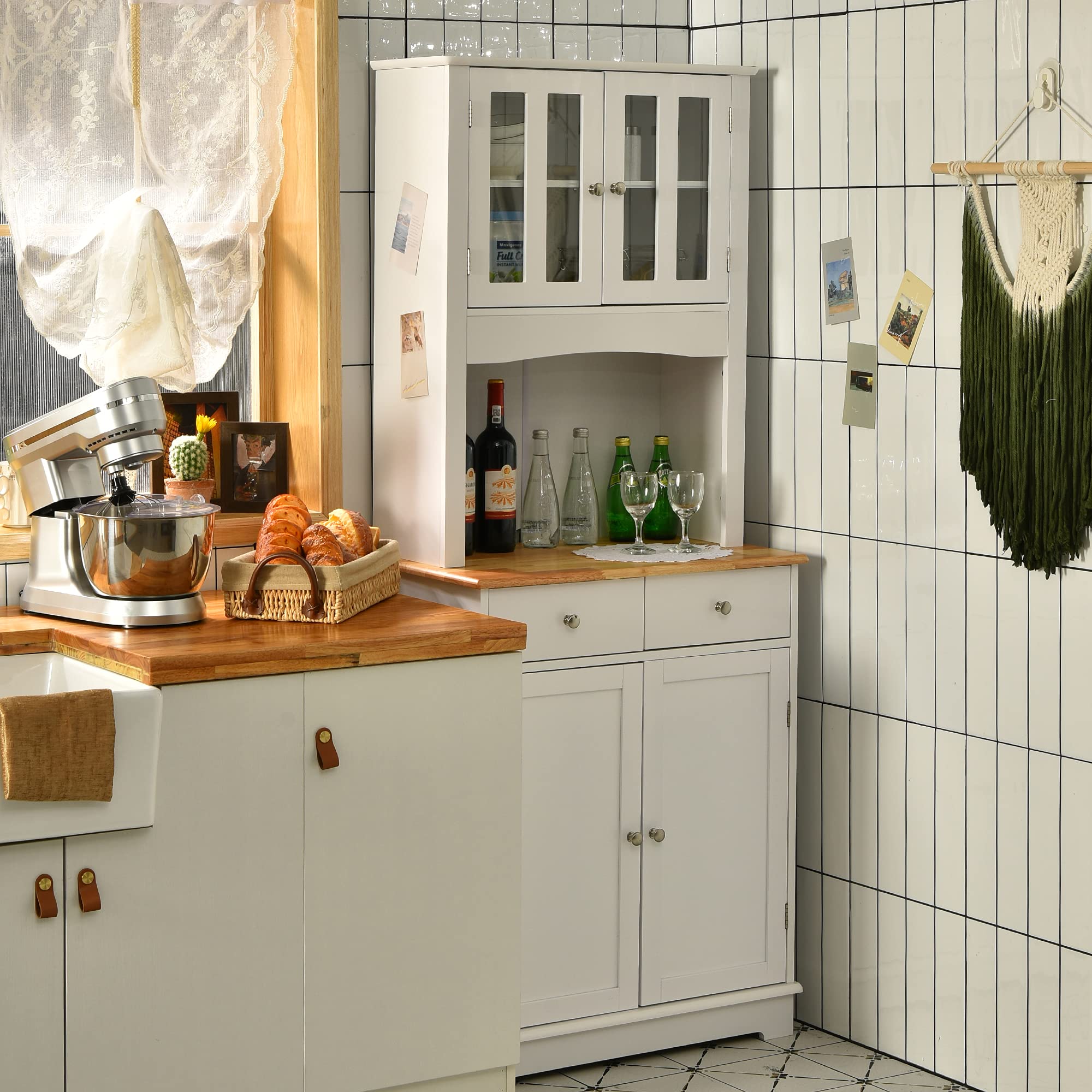LOKO White Kitchen Hutch Cabinet with Framed Tempered Glass Doors - 27 x 16 x 67 Inches Kitchen Pantry Storage with Adjustable Shelves, Flat Countertop & 2 Drawers - Perfect for Small Kitchens, Dining Rooms & Apartment Storage Solutions