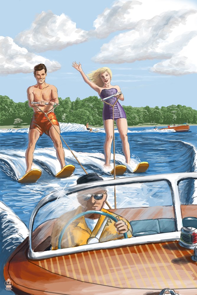 Signed 24x36 Water Skiing & Wooden Boat Art Print - Hill Landscape Wall Decor Poster | Vintage Nautical Theme Home & Office Decoration