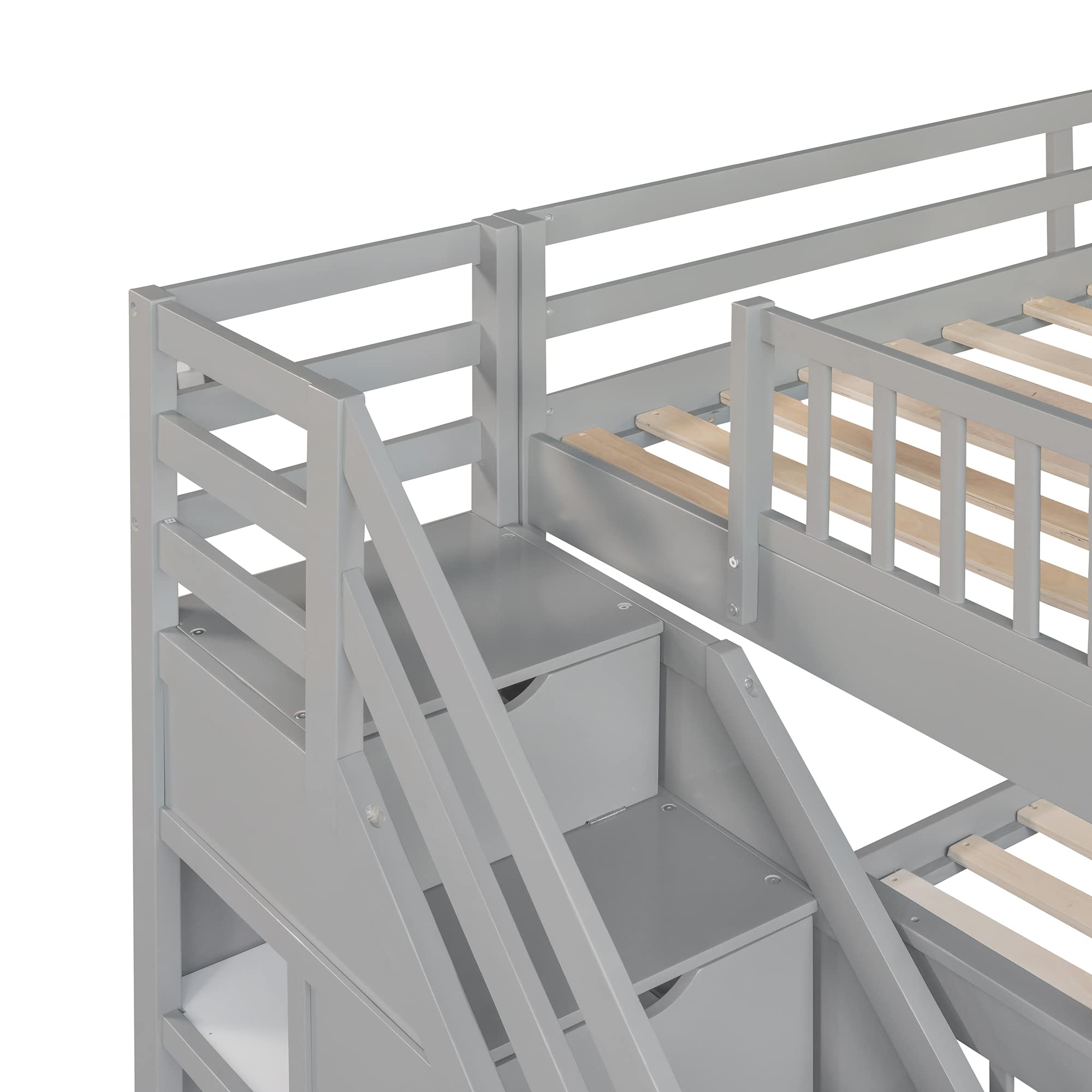 Modern L-Shaped Solid Wood Triple Bed with Storage Staircase - Twin over Full Bunk Bed with 3 Drawers, Loft Bed Frame with Ladder & Safety Guardrail for Adults, Teens & Kids - Space-Saving Solution for Small Bedrooms, Guest Rooms & Dorm Rooms (Grey)