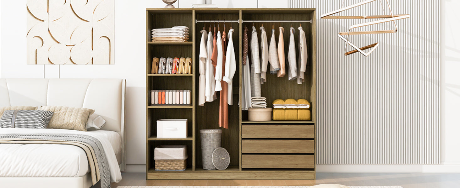 Natural Wooden Doorless Wardrobe with Shelves & 3 Drawers - Bedroom Closet Storage Organizer for Clothes, Shoes & Accessories | Perfect for Small Spaces & Modern Home Decor