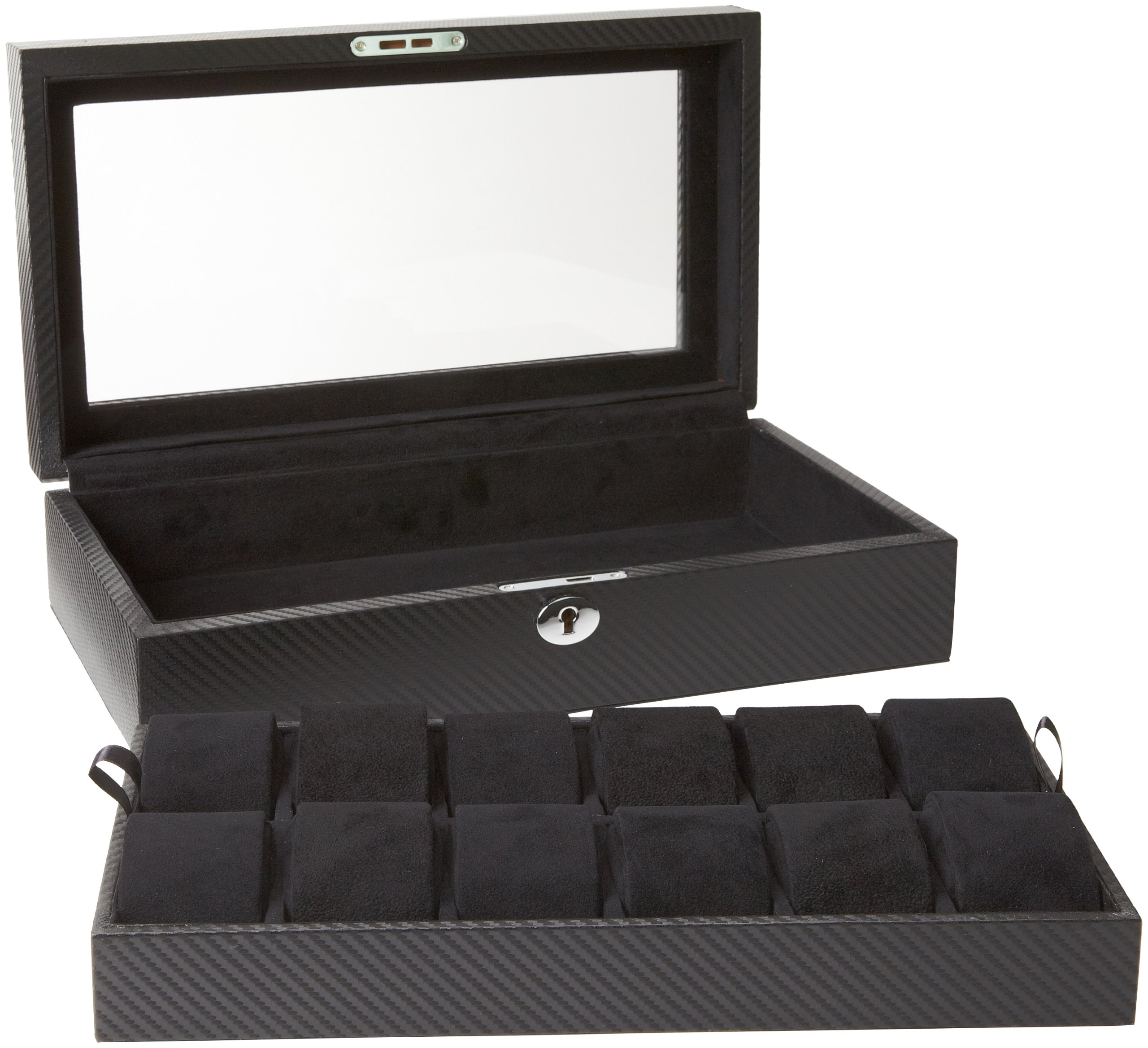 Premium Diplomat 31-449 Carbon Fiber Watch Case - 12 Slot Luxury Watch Box with Black Suede Interior & Clear Top Display - Perfect for Watch Collectors, Jewelry Storage & Travel Organization