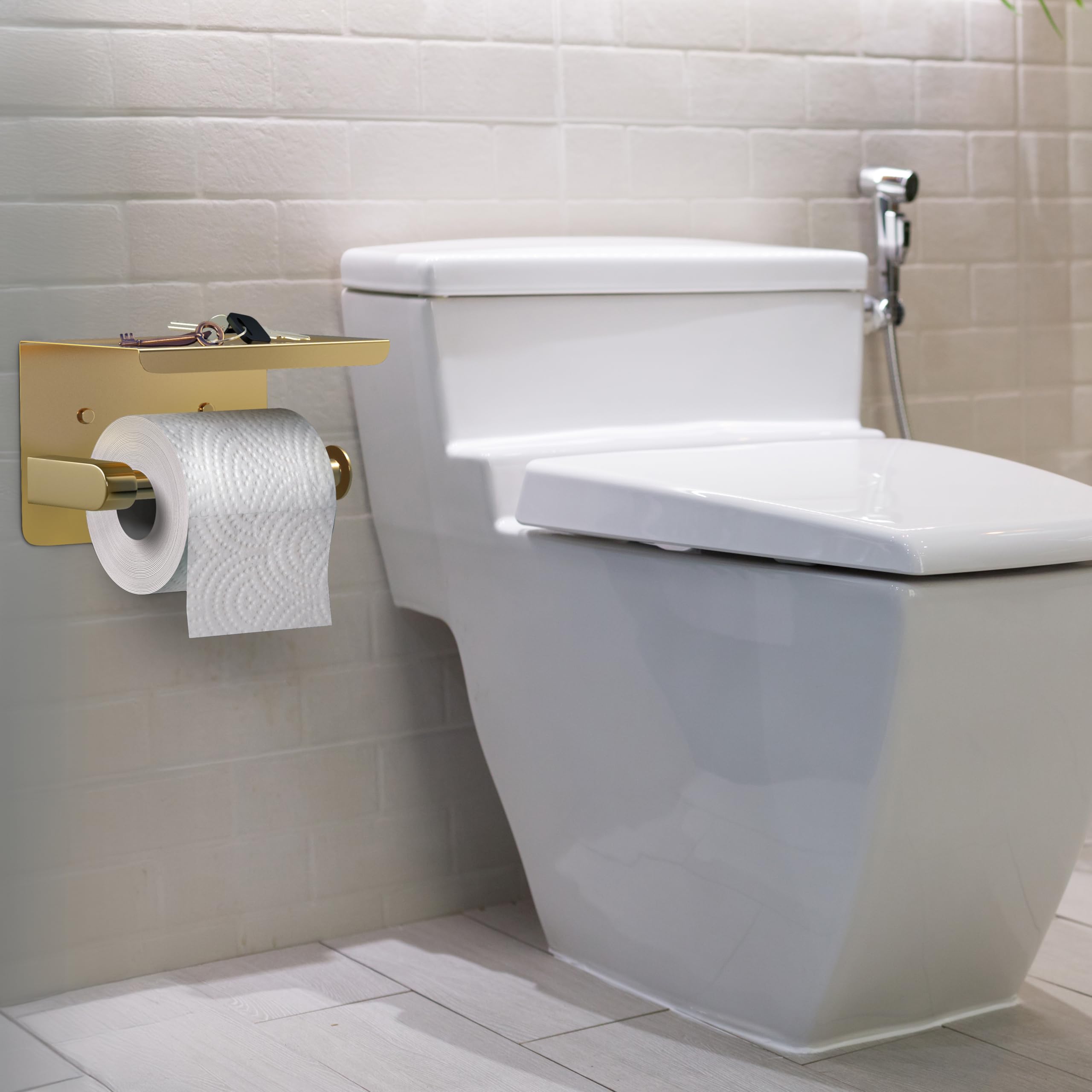 Premium Brushed Gold Toilet Paper Holder with Shelf - SUS304 Stainless Steel Waterproof Wall Mounted Bathroom Tissue Holder - Screw & Adhesive Installation - Ideal for Modern Bathrooms, Powder Rooms & Guest Baths (1 Pack)