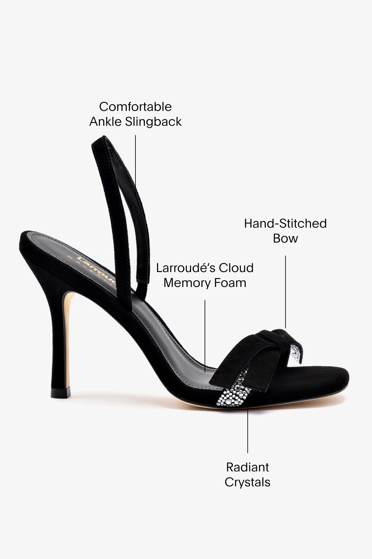 Larroudé x Markarian Black Suede Crystal Sandals - Elegant Women's Dress Sandals for Weddings, Parties & Special Occasions