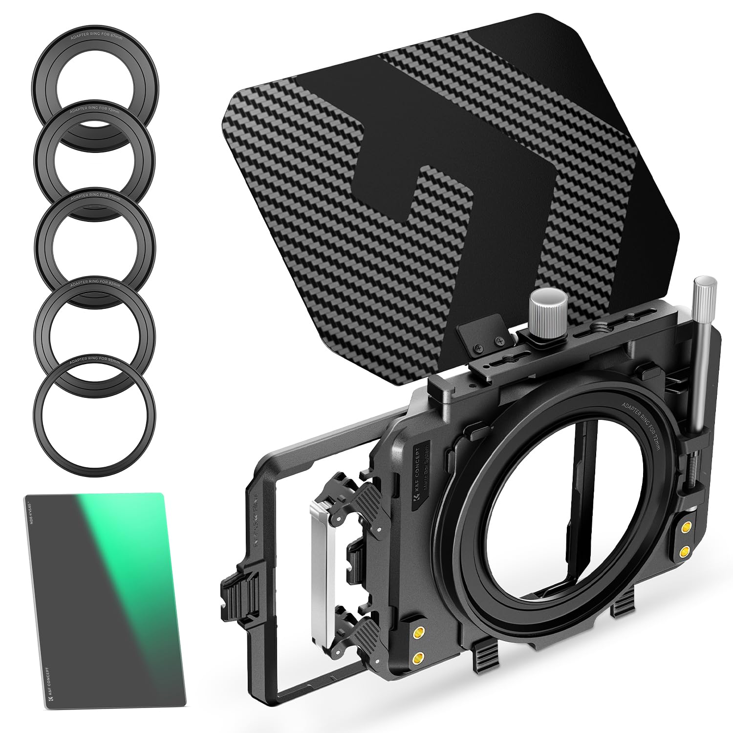 K&F Concept Mini Matte Box with ND8 Filter - DSLR Camera Matte Box with Carbon Fiber Top Flag for 67mm/72mm/77mm/82mm/95mm Lenses - Includes 4x5.65 & Circular Filter Trays - Perfect for Cinematic Filmmaking & Professional Photography