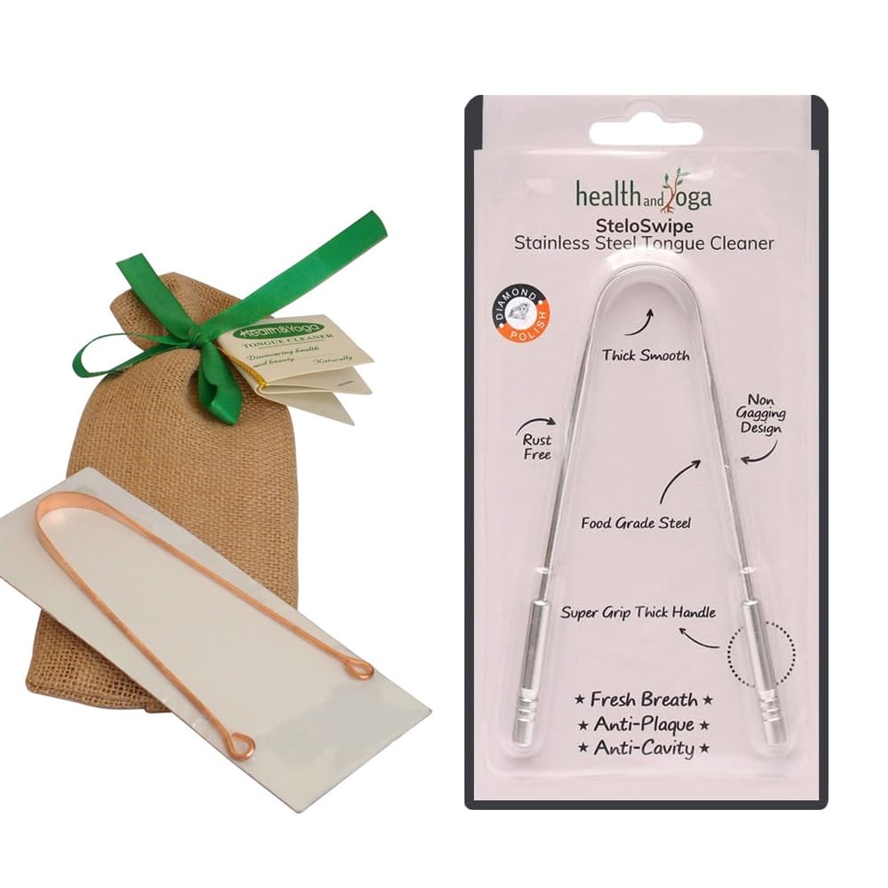 HealthAndYoga™ SteloSwipe Tongue Cleaner Scraper - Surgical Grade Stainless Steel & Copper Tongue Cleaner Set - Perfect for Oral Hygiene & Fresh Breath - Ideal for Daily Use, Travel, and Gifts